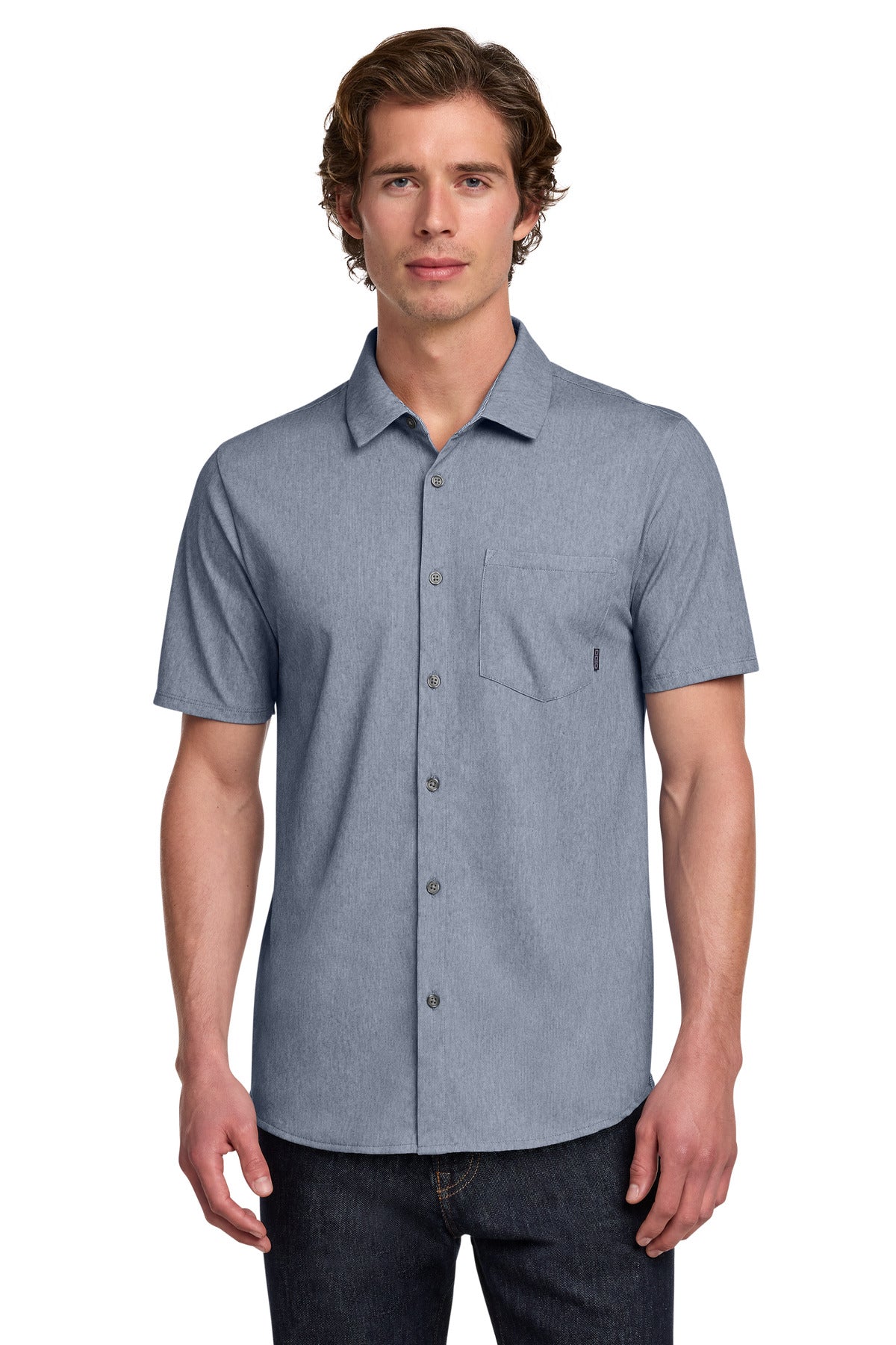 Custom Deep Blue Heather Extend Short Sleeve Button-Up OG160, personalized by SanCanDo Swag in Argyle, TX