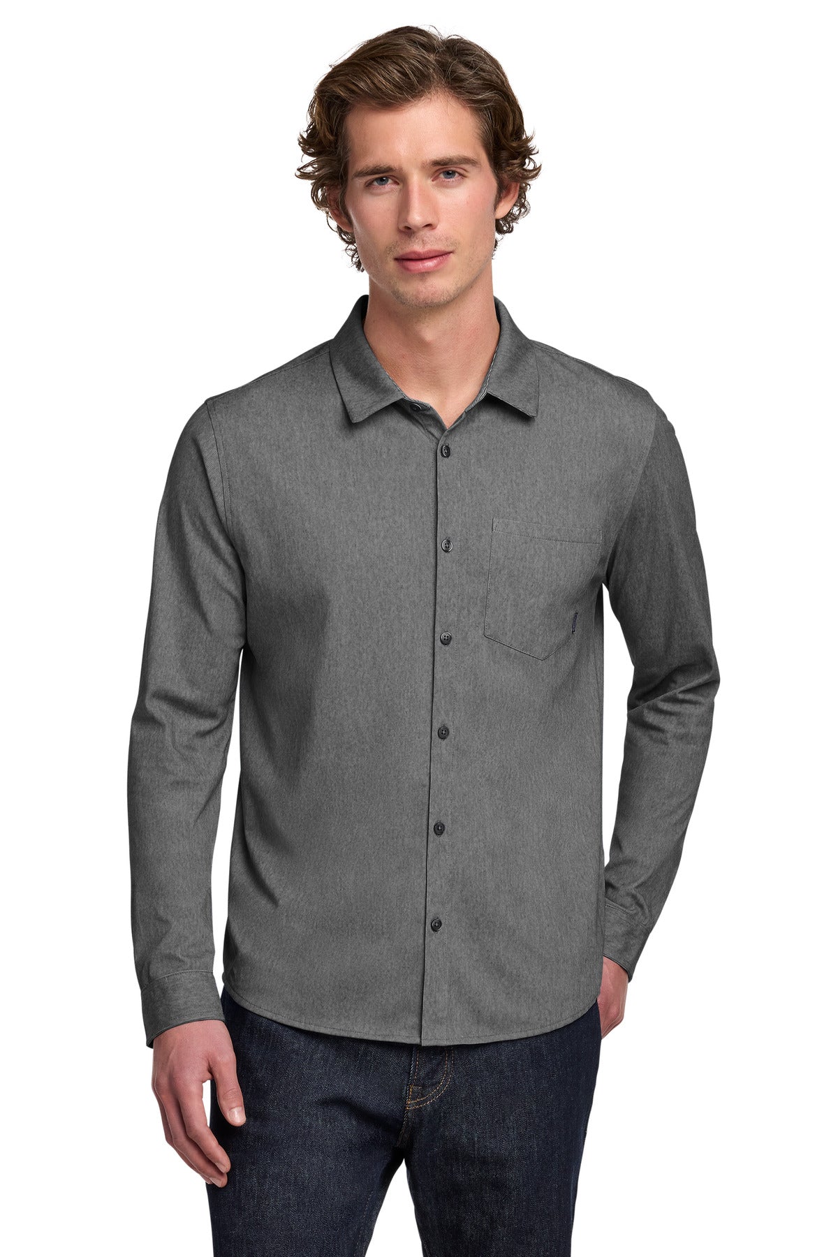 Custom Blacktop Heather Extend Long Sleeve Button-Up OG161, personalized by SanCanDo Swag in Argyle, TX