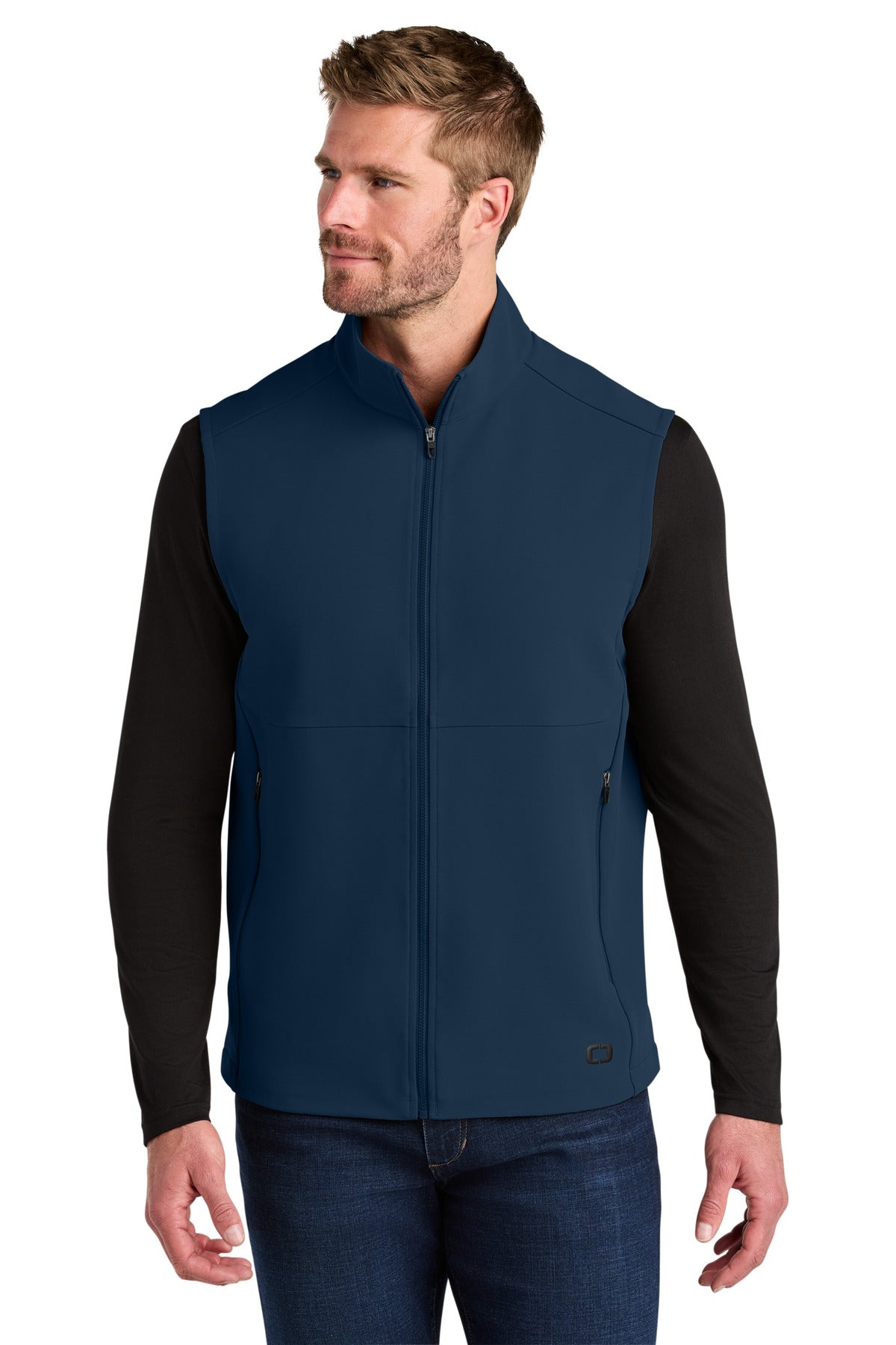 Custom River Blue Navy Kinetic Soft Shell Vest OG741, personalized by SanCanDo Swag in Argyle, TX