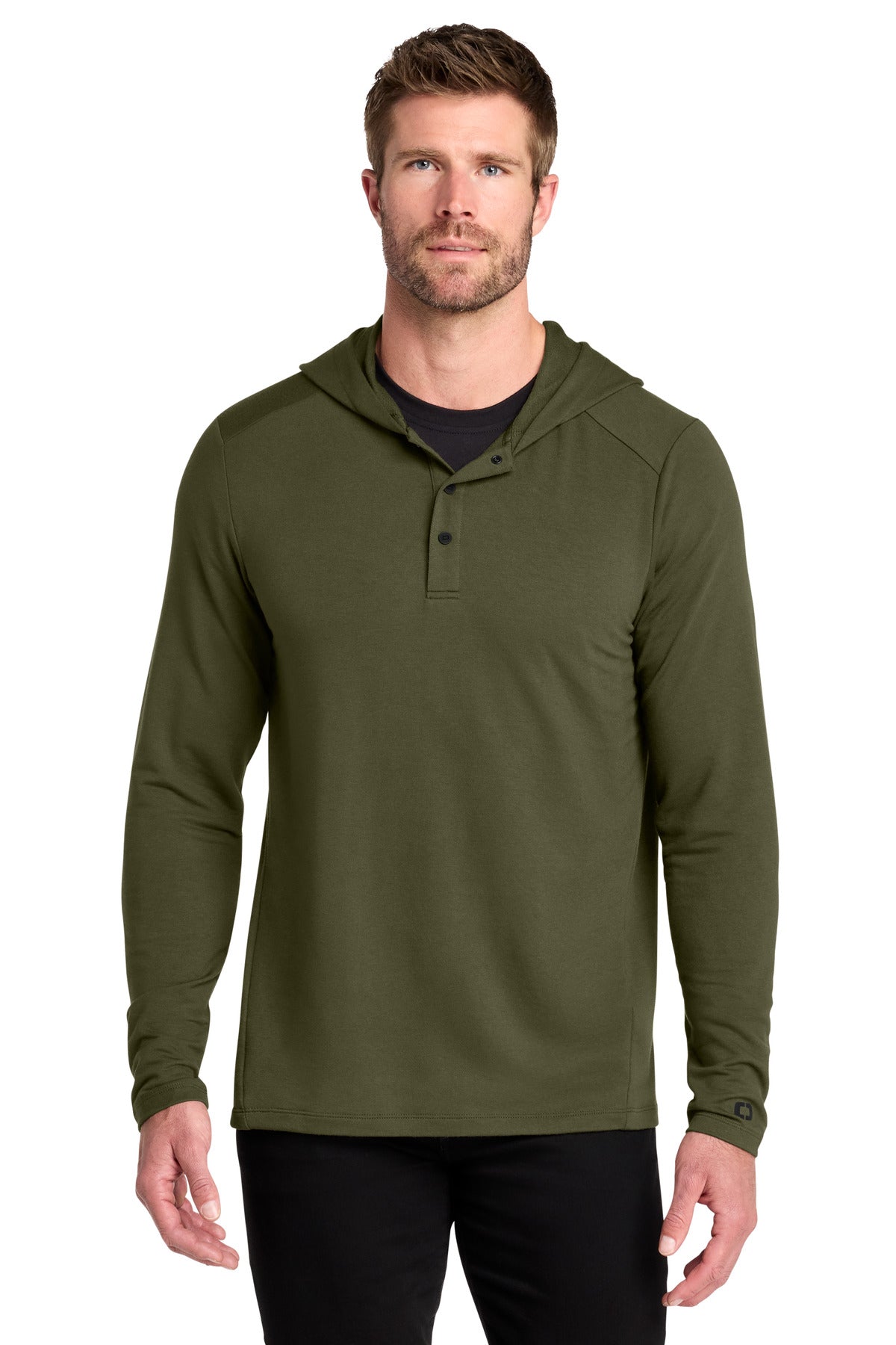 Custom Deep Olive Luuma Flex Hooded Henley OG826, personalized by SanCanDo Swag in Argyle, TX