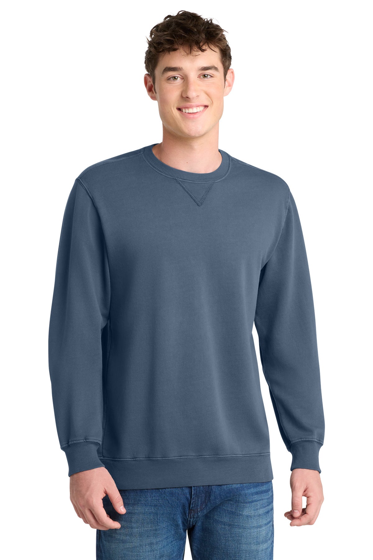 Custom Denim Blue Beach Wash Garment-Dyed Crewneck PC098, personalized by SanCanDo Swag in Argyle, TX