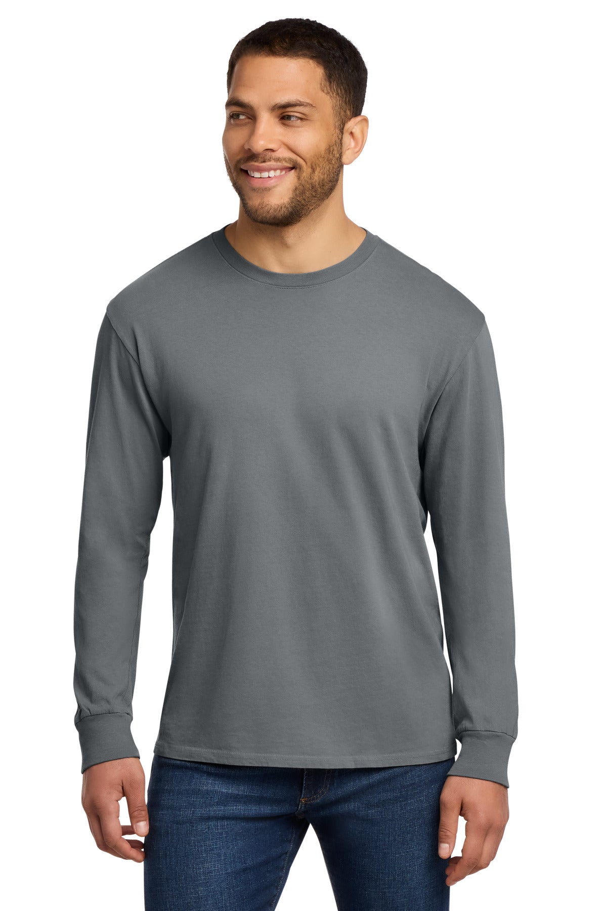 Custom Port & Company Long Sleeve Tee PC099LS in Pewter, personalized by SanCanDo Swag in Argyle, TX