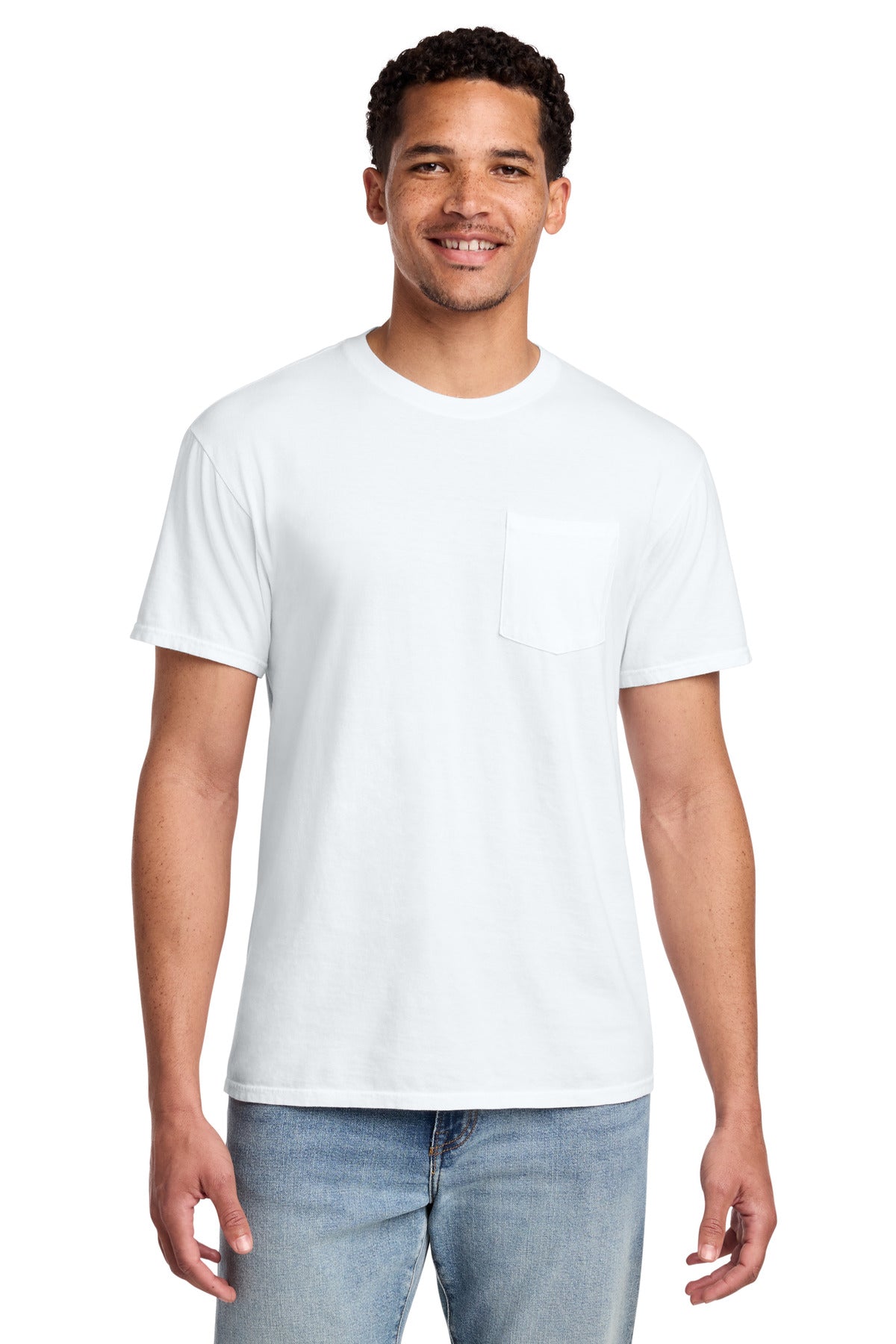 Custom Port & Company Beach Wash Garment-Dyed Pocket Tee PC099P in White, personalized by SanCanDo Swag in Argyle, TX