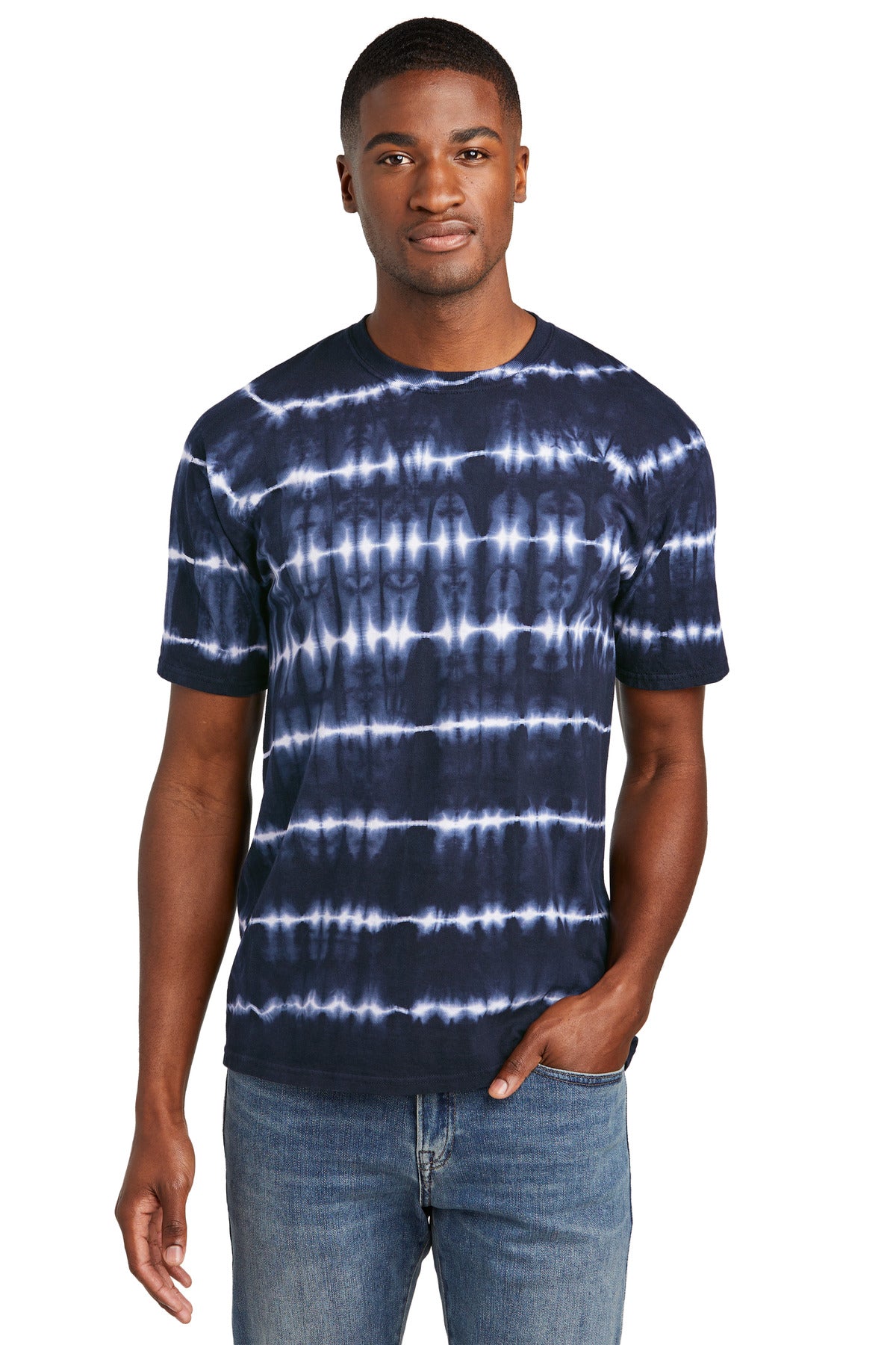 Custom Port & Company Allover Stripe Tie-Dye Tee PC142 in True Navy/ White, personalized by SanCanDo Swag in Argyle, TX