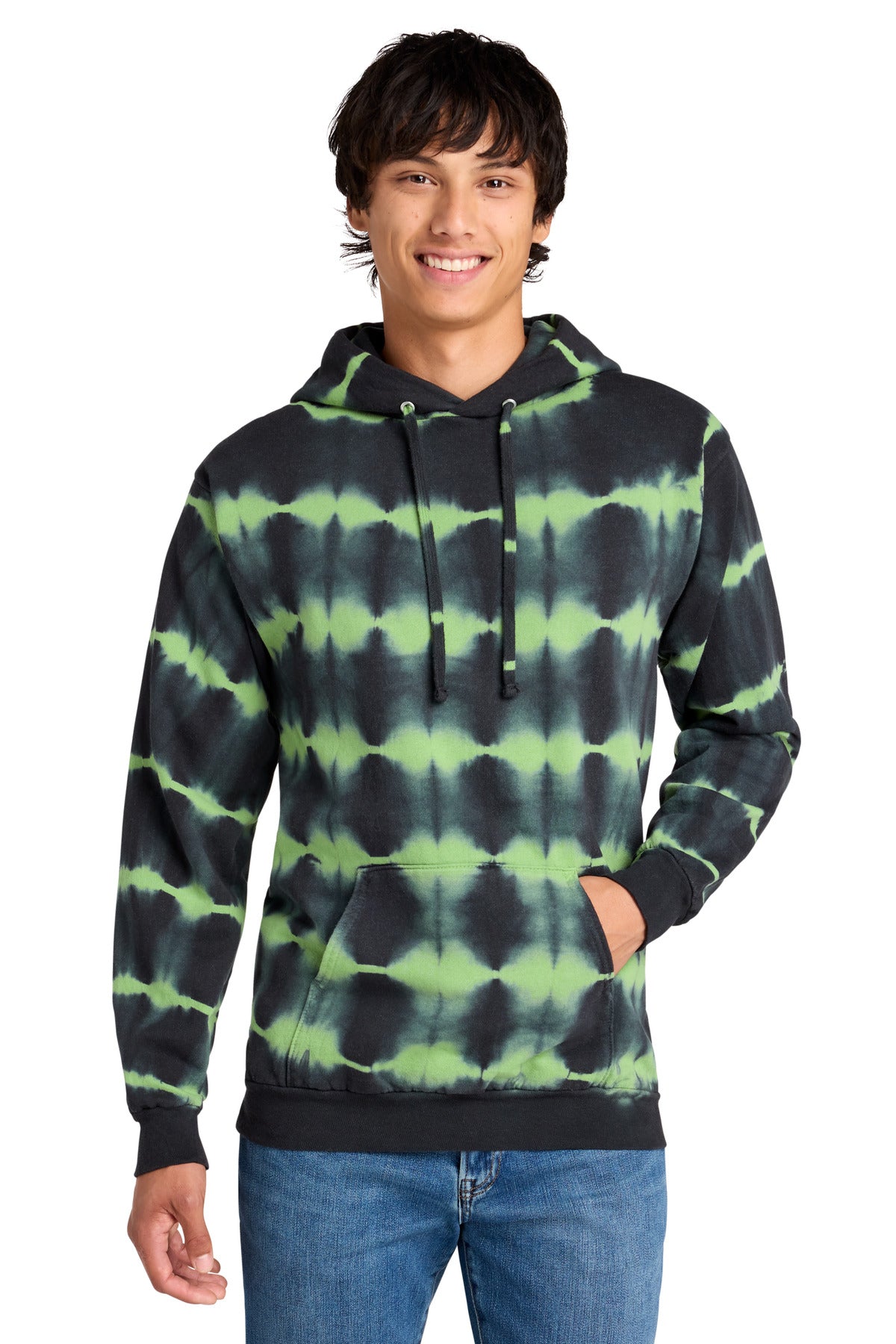 Custom Port & Company Allover Stripe Tie-Dye Fleece Hoodie PC143 in Green Tea/ Black, personalized by SanCanDo Swag in Argyle, TX