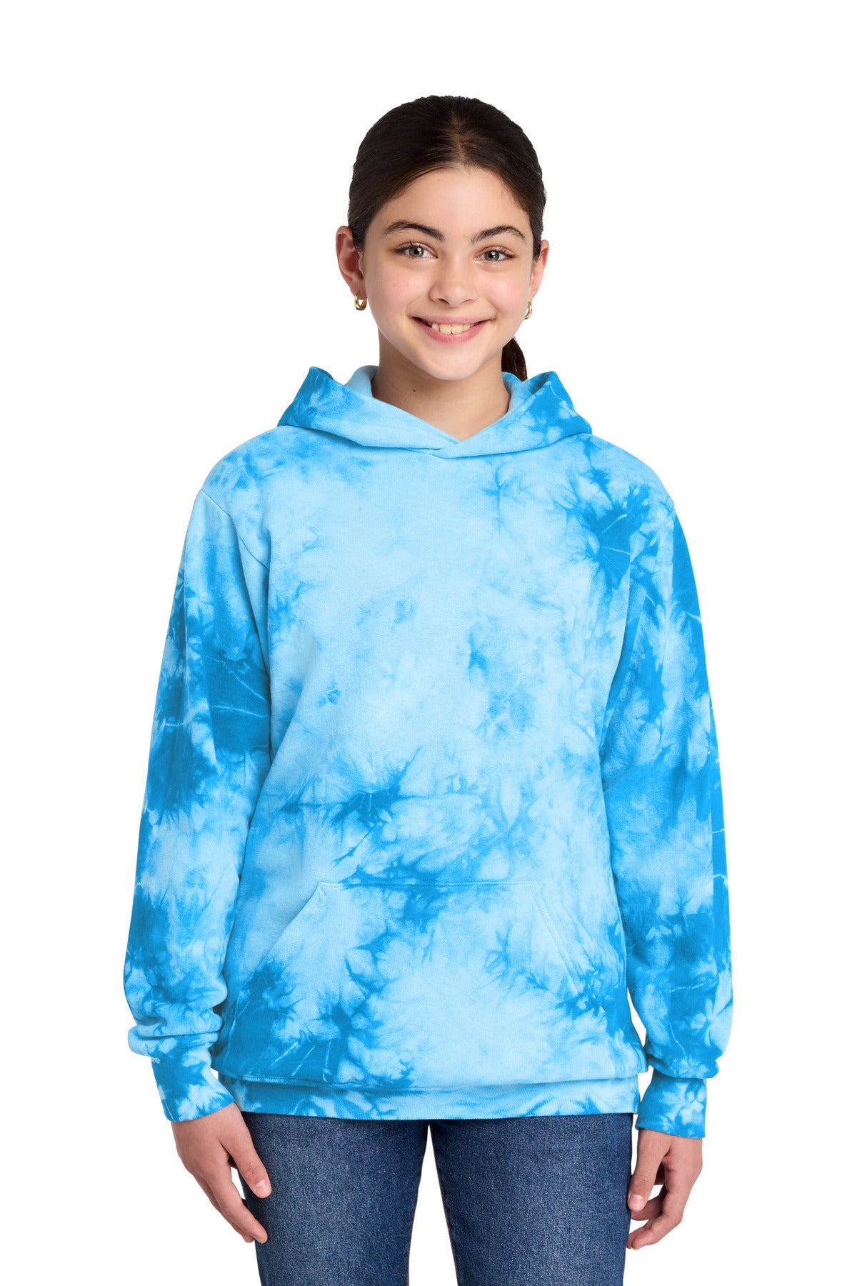 Custom Sky Blue Youth Crystal Tie-Dye Pullover Hoodie PC144Y, personalized by SanCanDo Swag in Argyle, TX