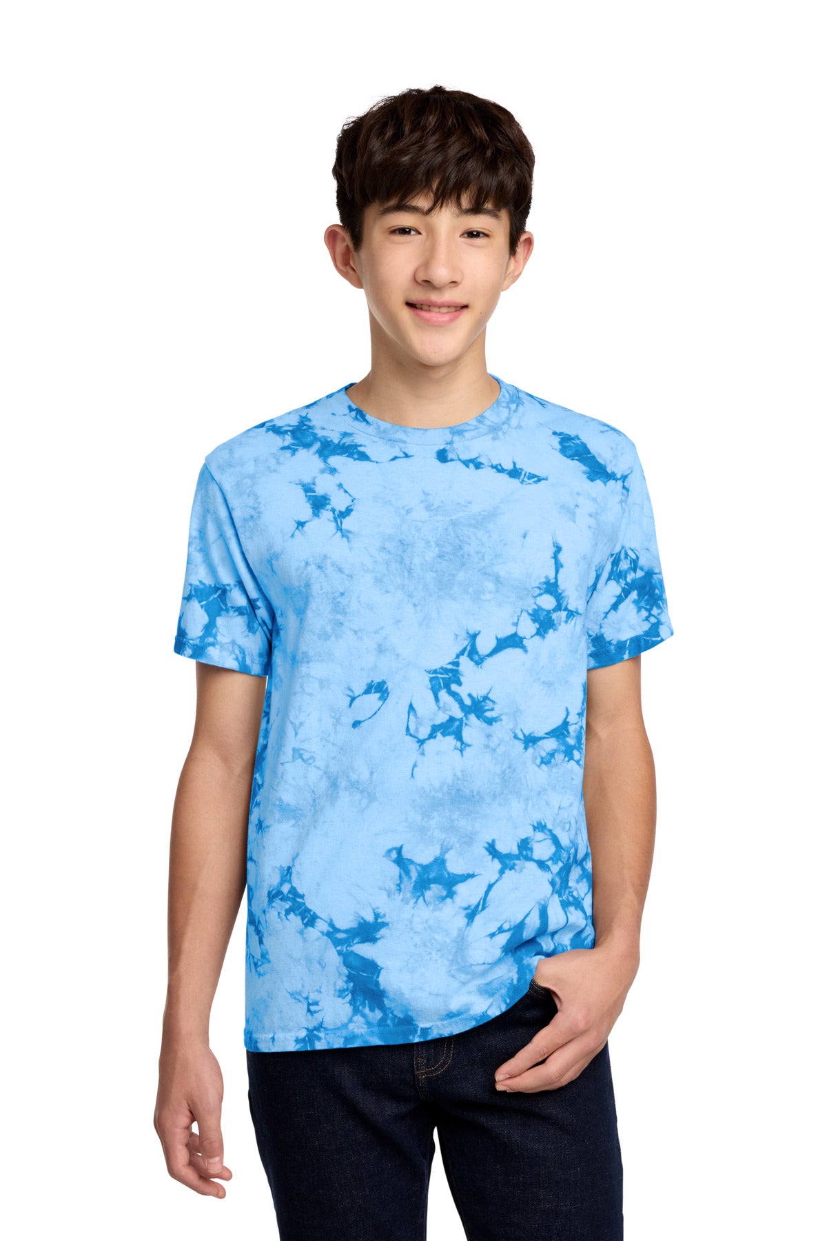 Custom Sky Blue Youth Crystal Tie-Dye Tee PC145Y, personalized by SanCanDo Swag in Argyle, TX