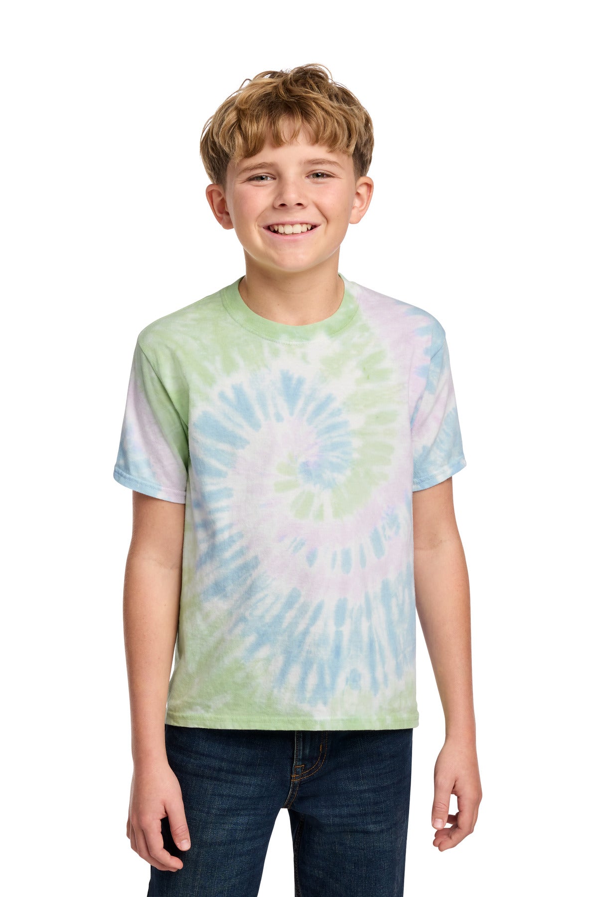 Custom Watercolor Spiral Youth Tie-Dye Tee PC147Y, personalized by SanCanDo Swag in Argyle, TX