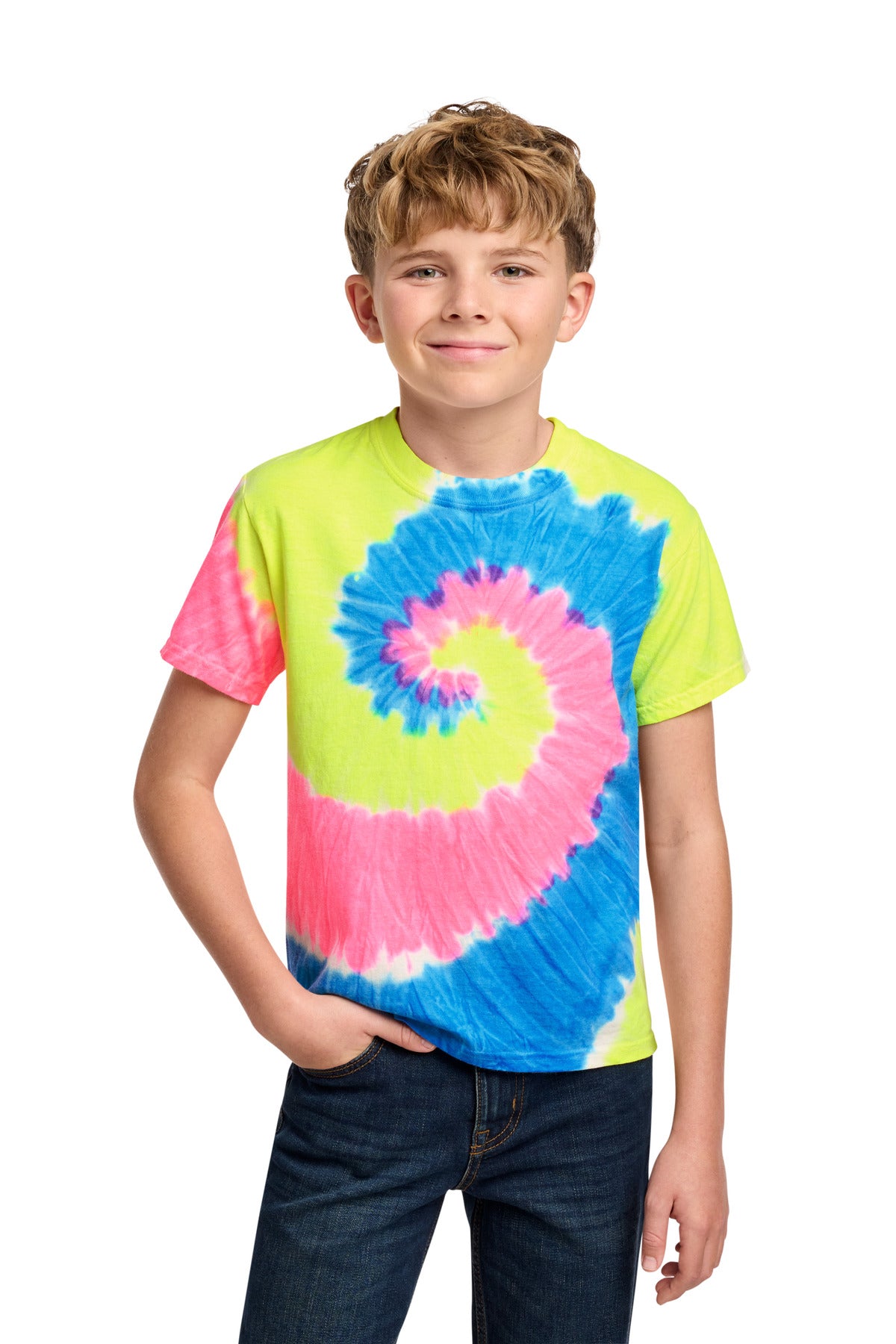 Custom Neon Rainbow Youth Tie-Dye Tee PC147Y, personalized by SanCanDo Swag in Argyle, TX