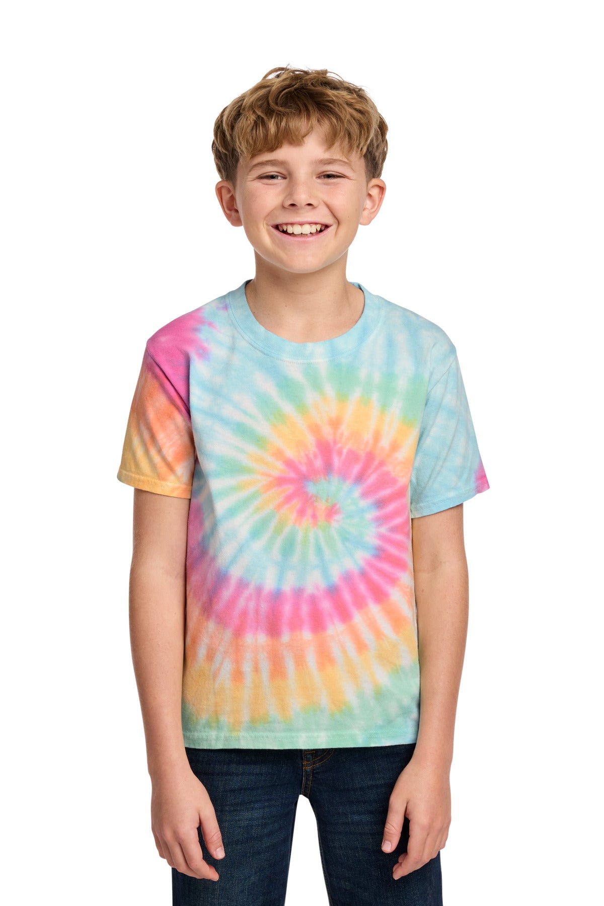 Custom Pastel Rainbow Youth Tie-Dye Tee PC147Y, personalized by SanCanDo Swag in Argyle, TX