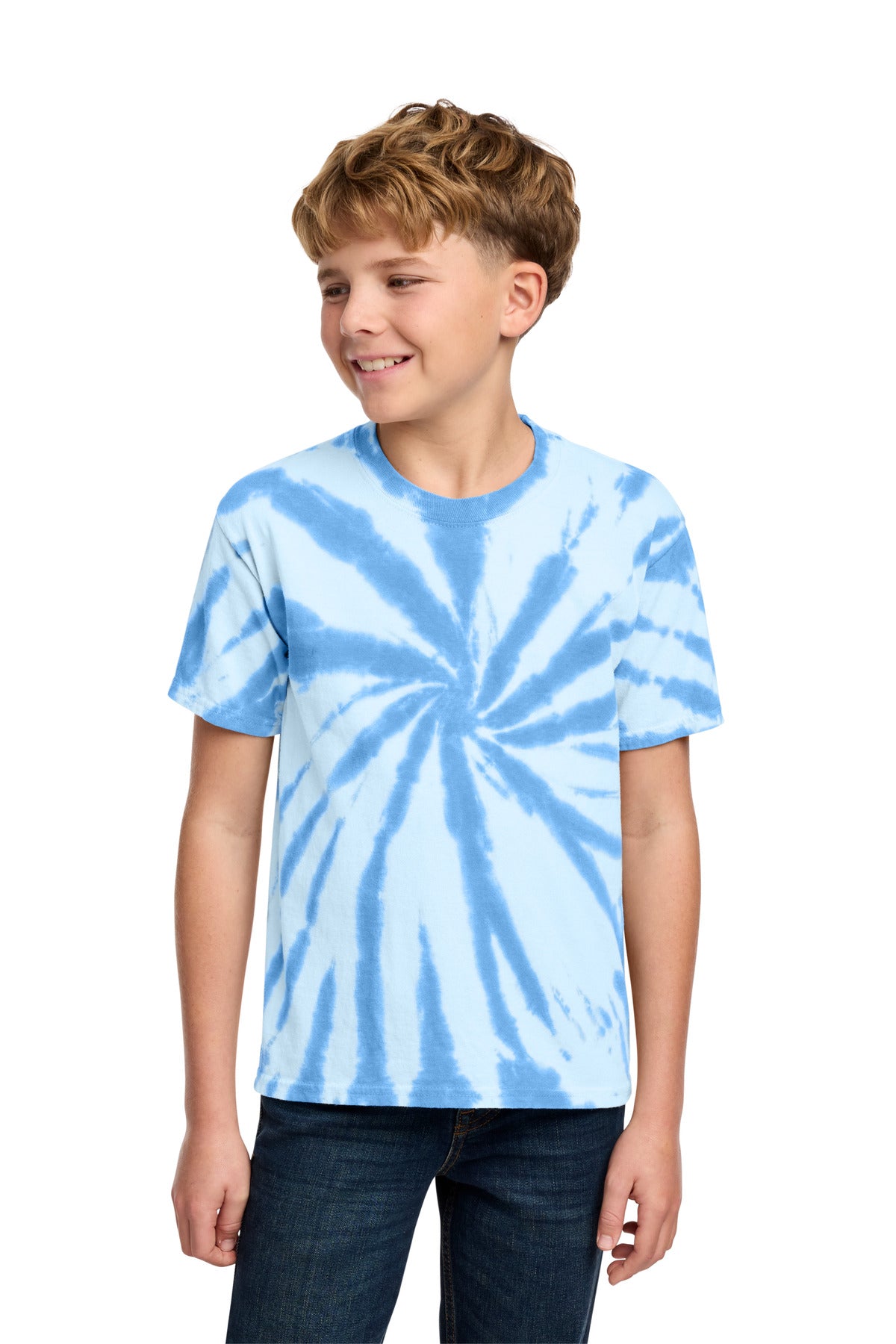 Custom Light Blue Youth Tie-Dye Tee PC147Y, personalized by SanCanDo Swag in Argyle, TX