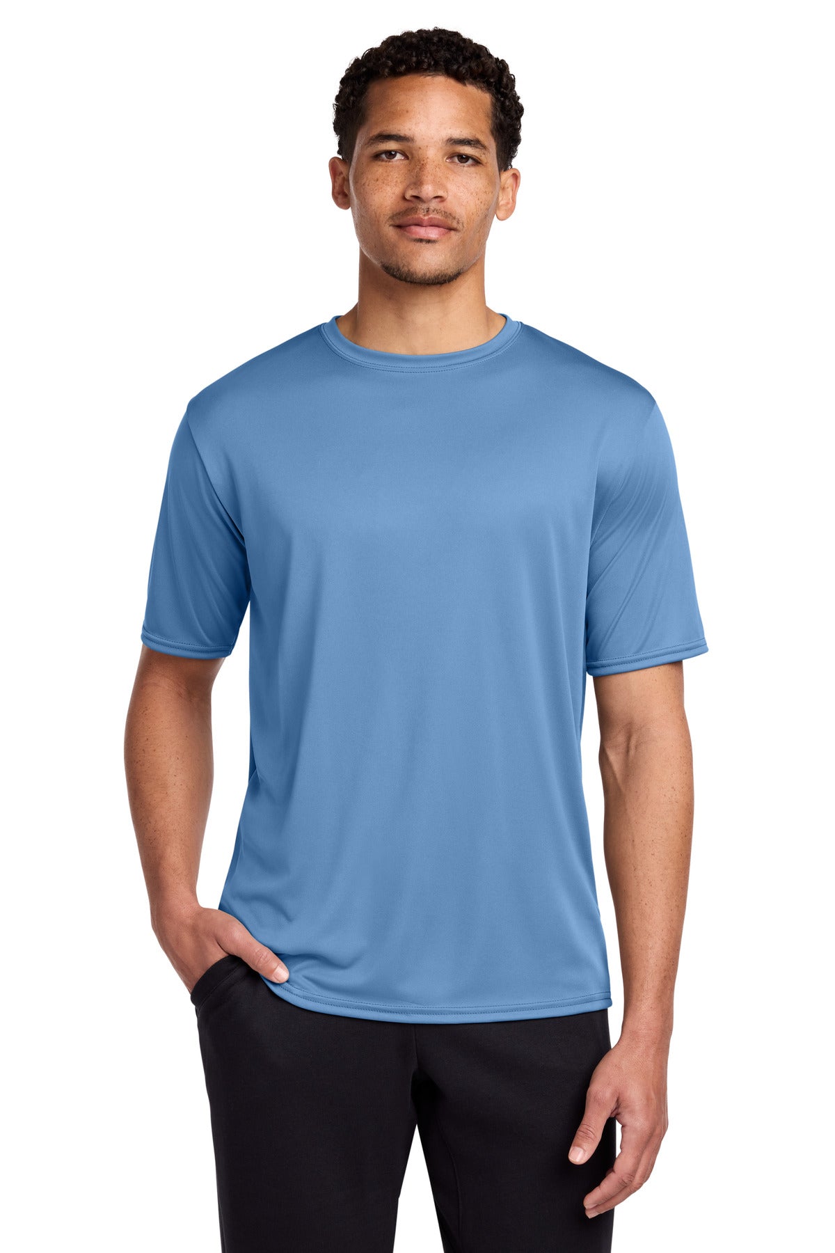 Custom Port & Company Polyester Tee PC380 in Carolina Blue, personalized by SanCanDo Swag in Argyle, TX