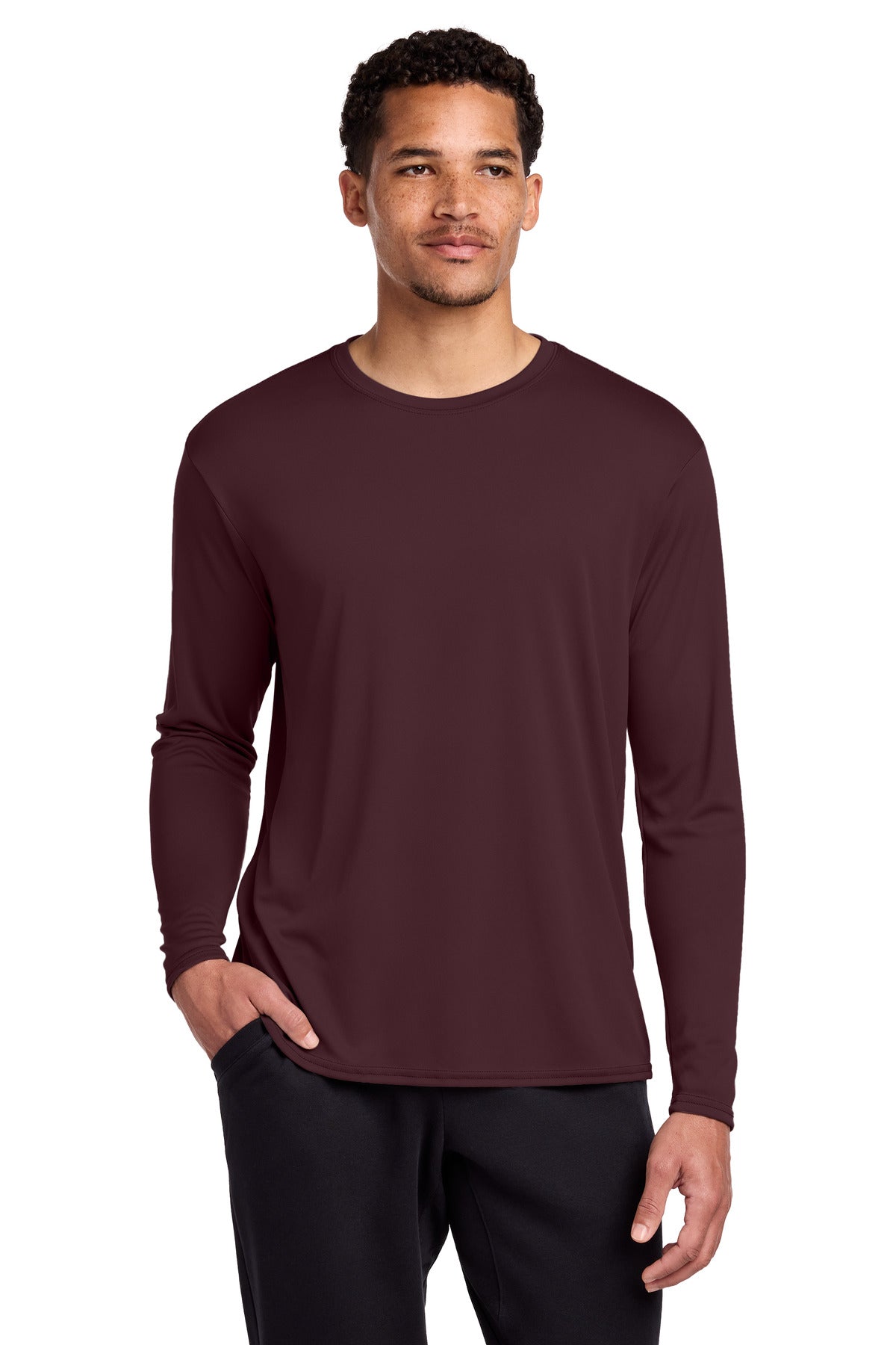Custom Port & Company Long Sleeve Polyester Tee PC380LS in Athletic Maroon, personalized by SanCanDo Swag in Argyle, TX