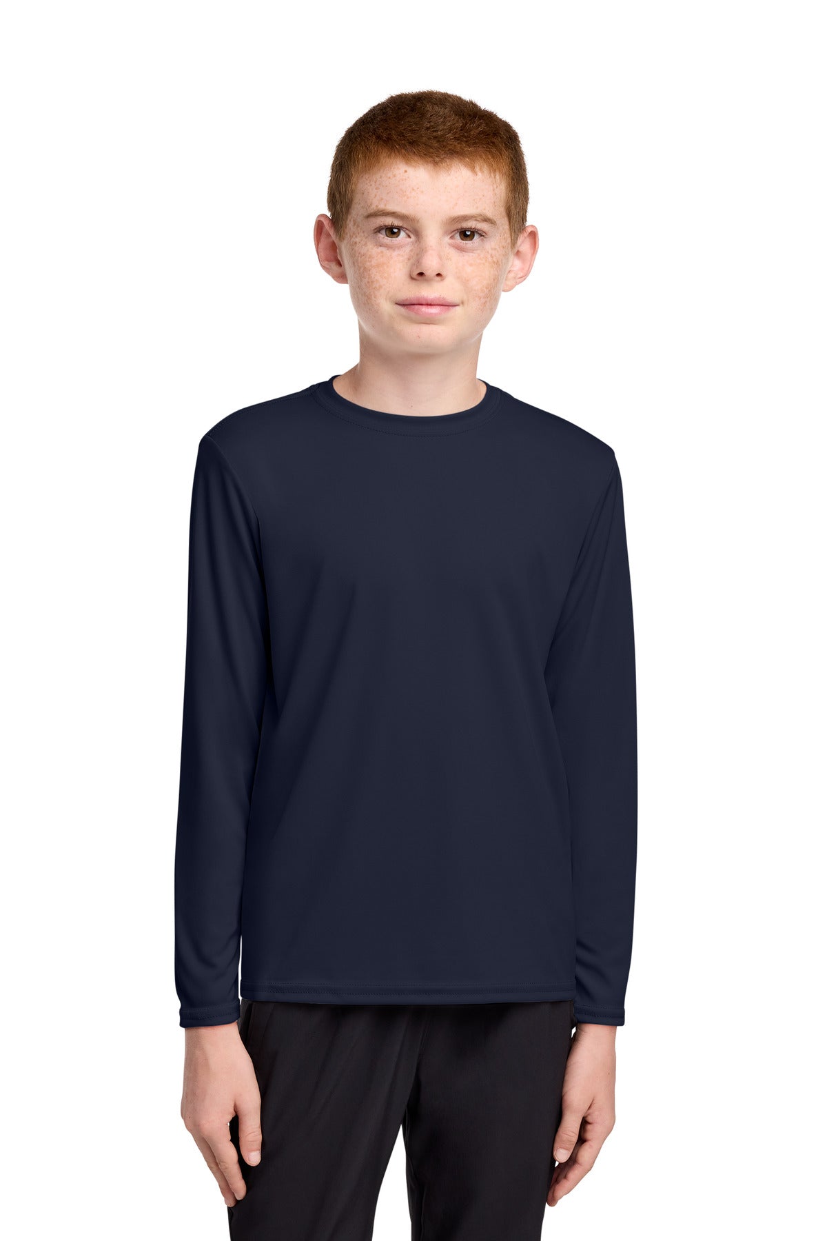 Custom Deep Navy Youth Long Sleeve Performance Tee PC380YLS, personalized by SanCanDo Swag in Argyle, TX