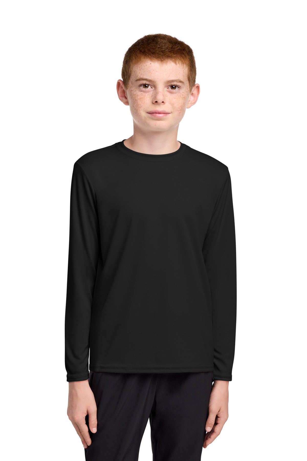 Custom Jet Black Youth Long Sleeve Performance Tee PC380YLS, personalized by SanCanDo Swag in Argyle, TX