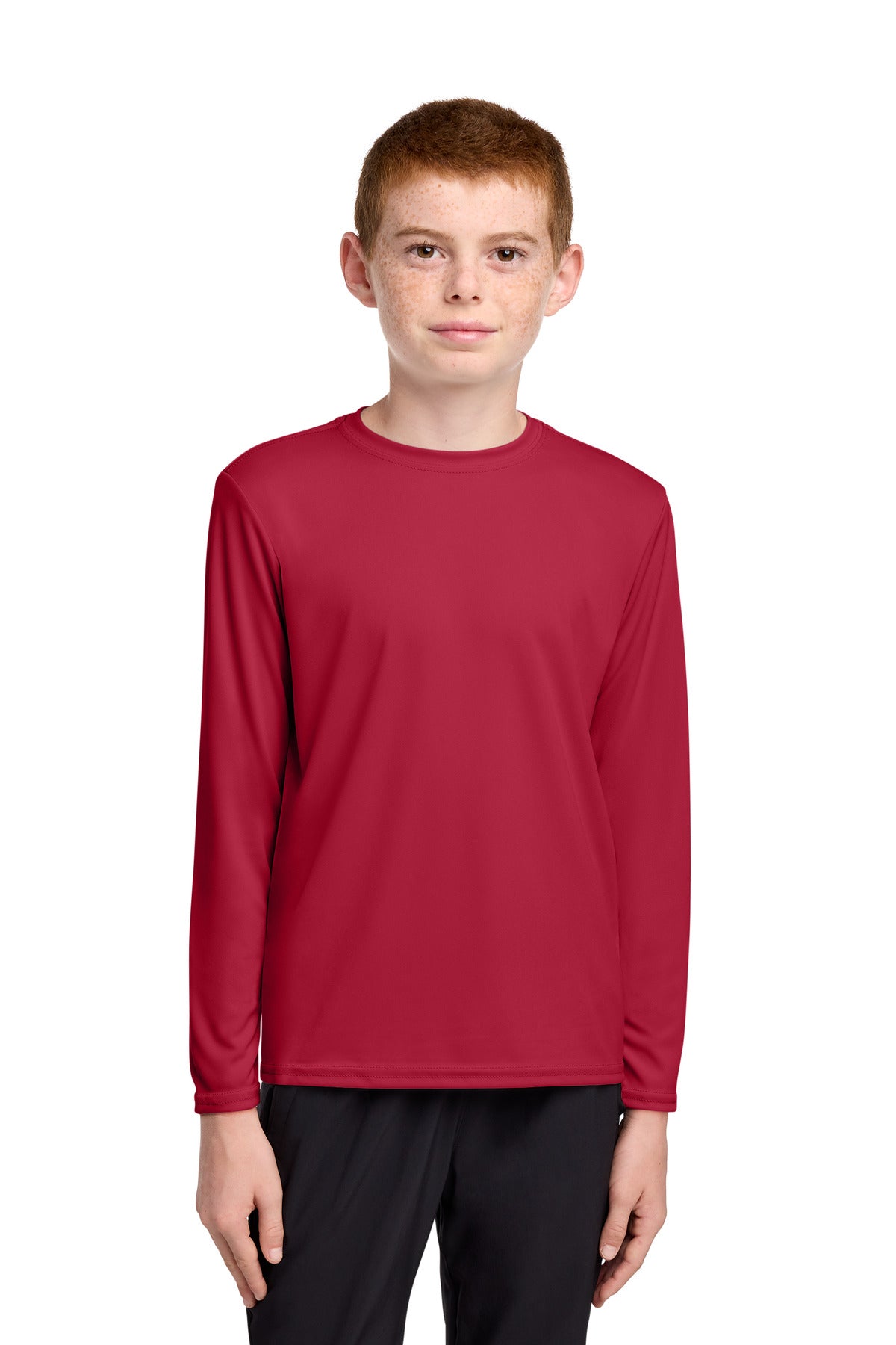 Custom Red Youth Long Sleeve Performance Tee PC380YLS, personalized by SanCanDo Swag in Argyle, TX