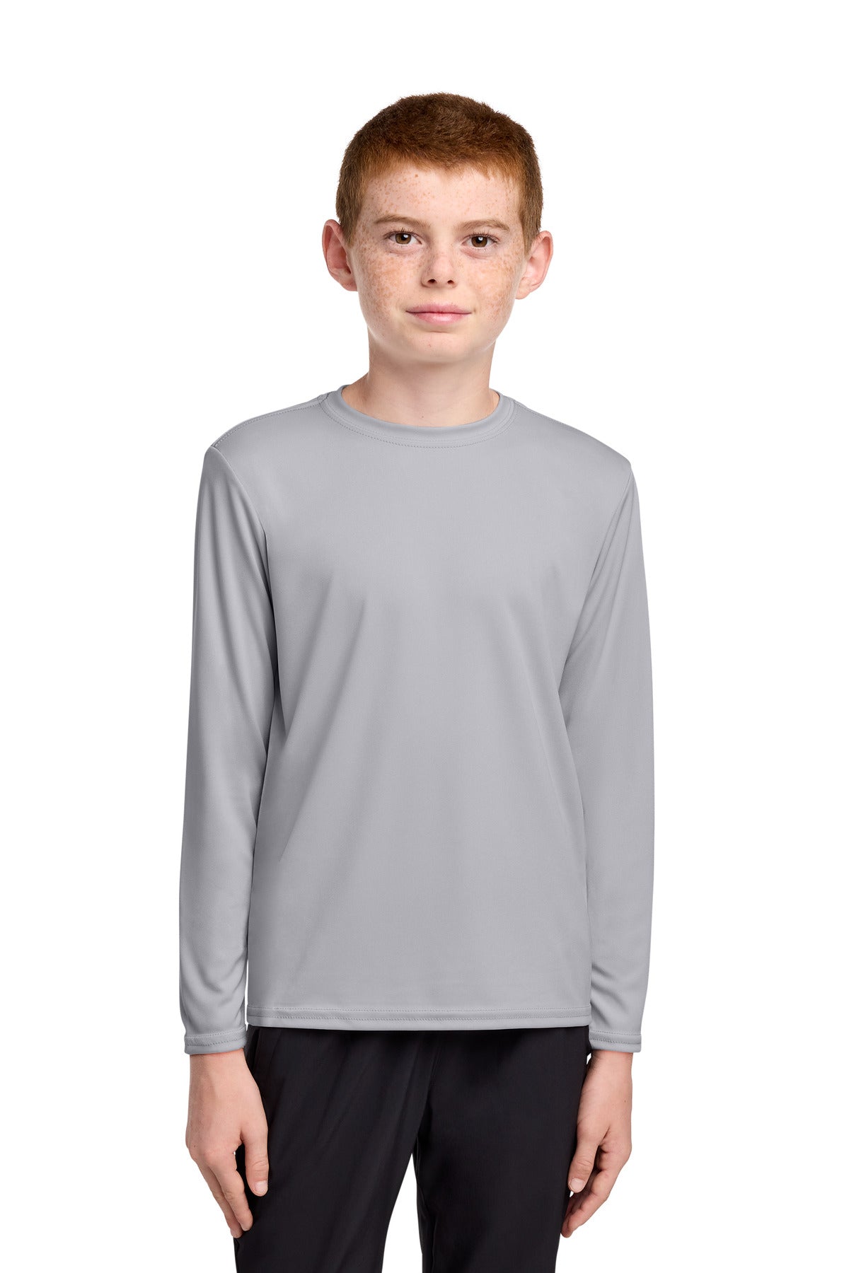Custom Silver Youth Long Sleeve Performance Tee PC380YLS, personalized by SanCanDo Swag in Argyle, TX