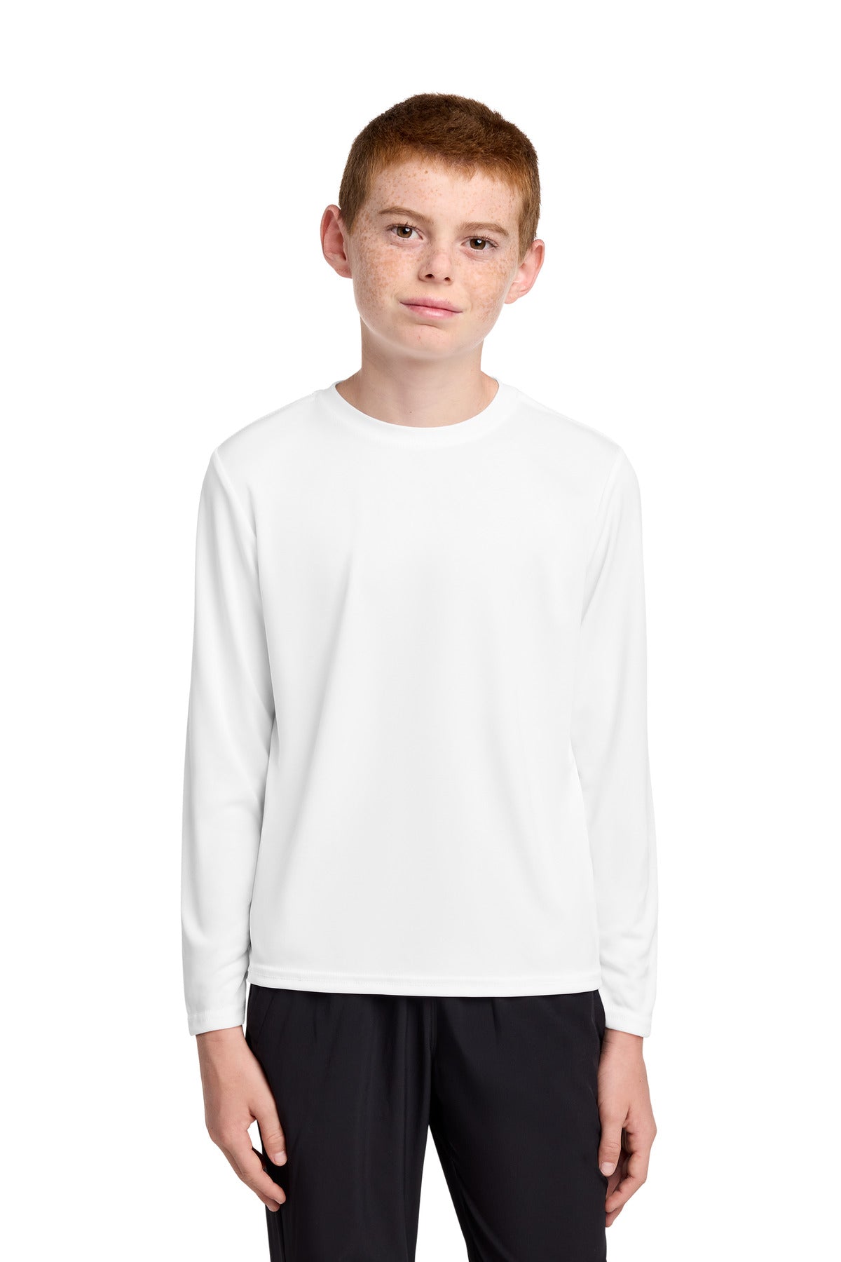 Custom White Youth Long Sleeve Performance Tee PC380YLS, personalized by SanCanDo Swag in Argyle, TX
