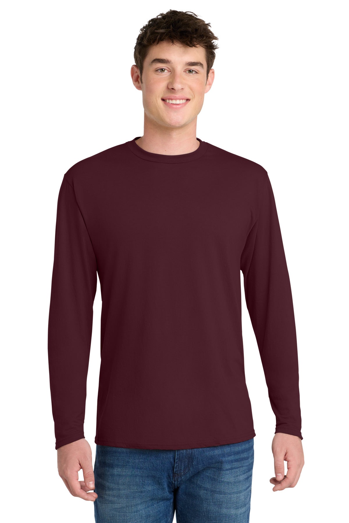 Custom Port & Company Long Sleeve Blend Tee PC381LS in Athletic Maroon, personalized by SanCanDo Swag in Argyle, TX