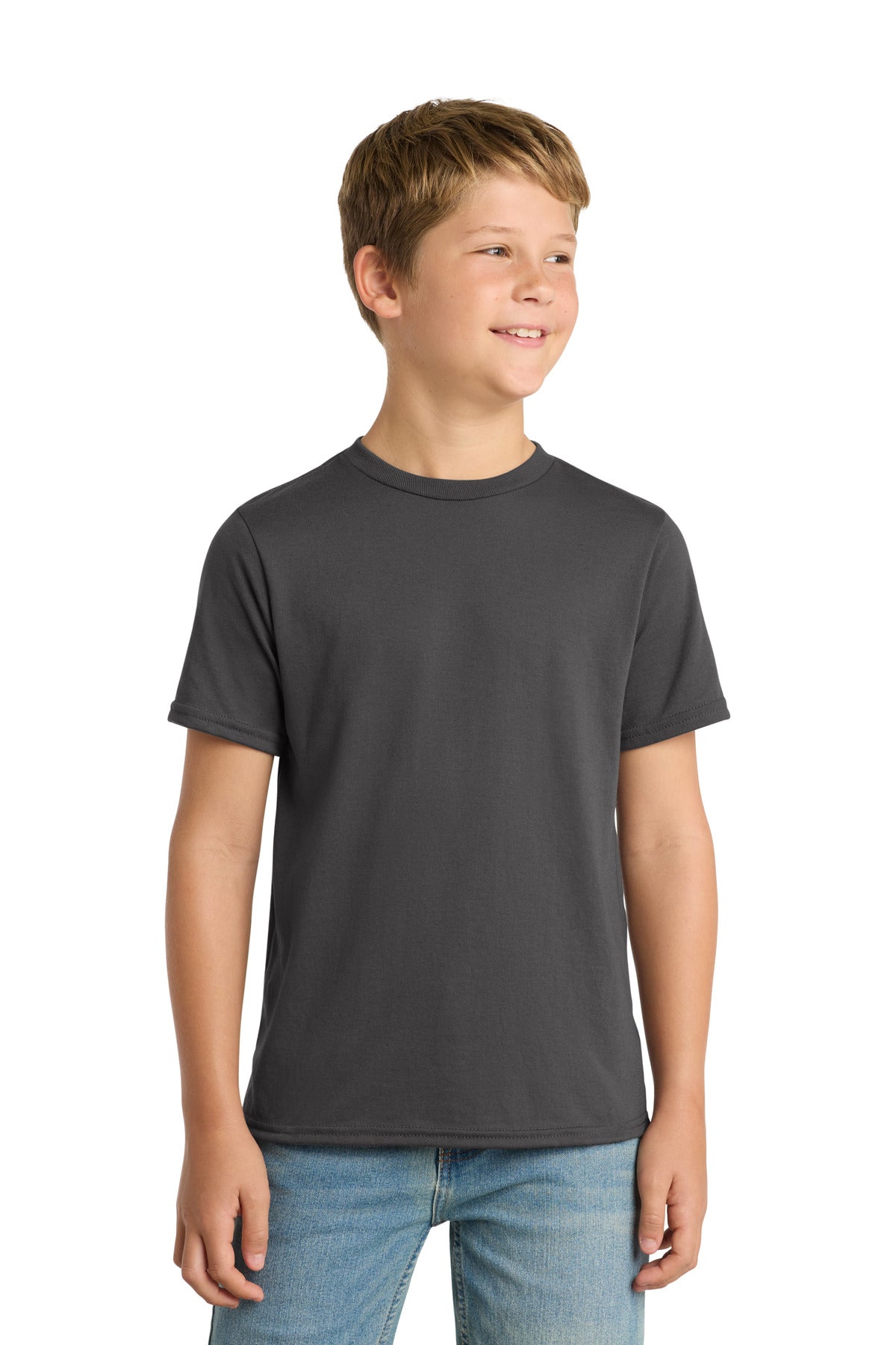 Custom Charcoal Youth Performance Blend Tee PC381Y, personalized by SanCanDo Swag in Argyle, TX