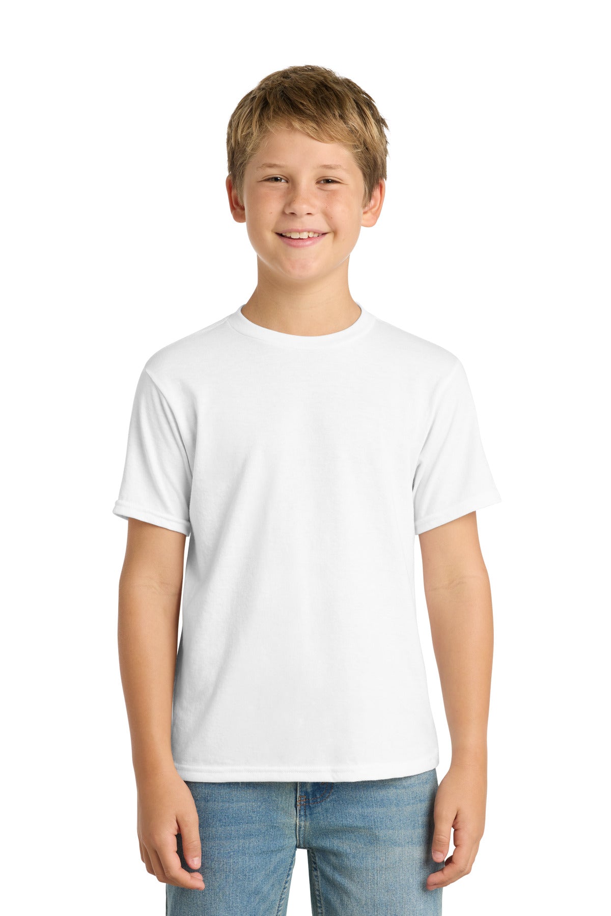 Custom White Youth Performance Blend Tee PC381Y, personalized by SanCanDo Swag in Argyle, TX