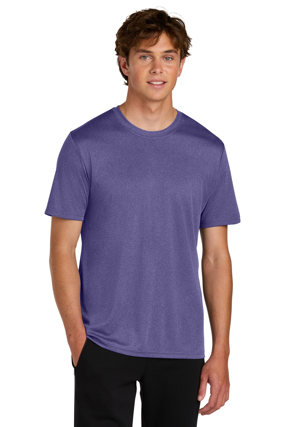 Custom Port & Company Heather Moisture-Wicking Tee PC390 in Team Purple Heather, personalized by SanCanDo Swag in Argyle, TX