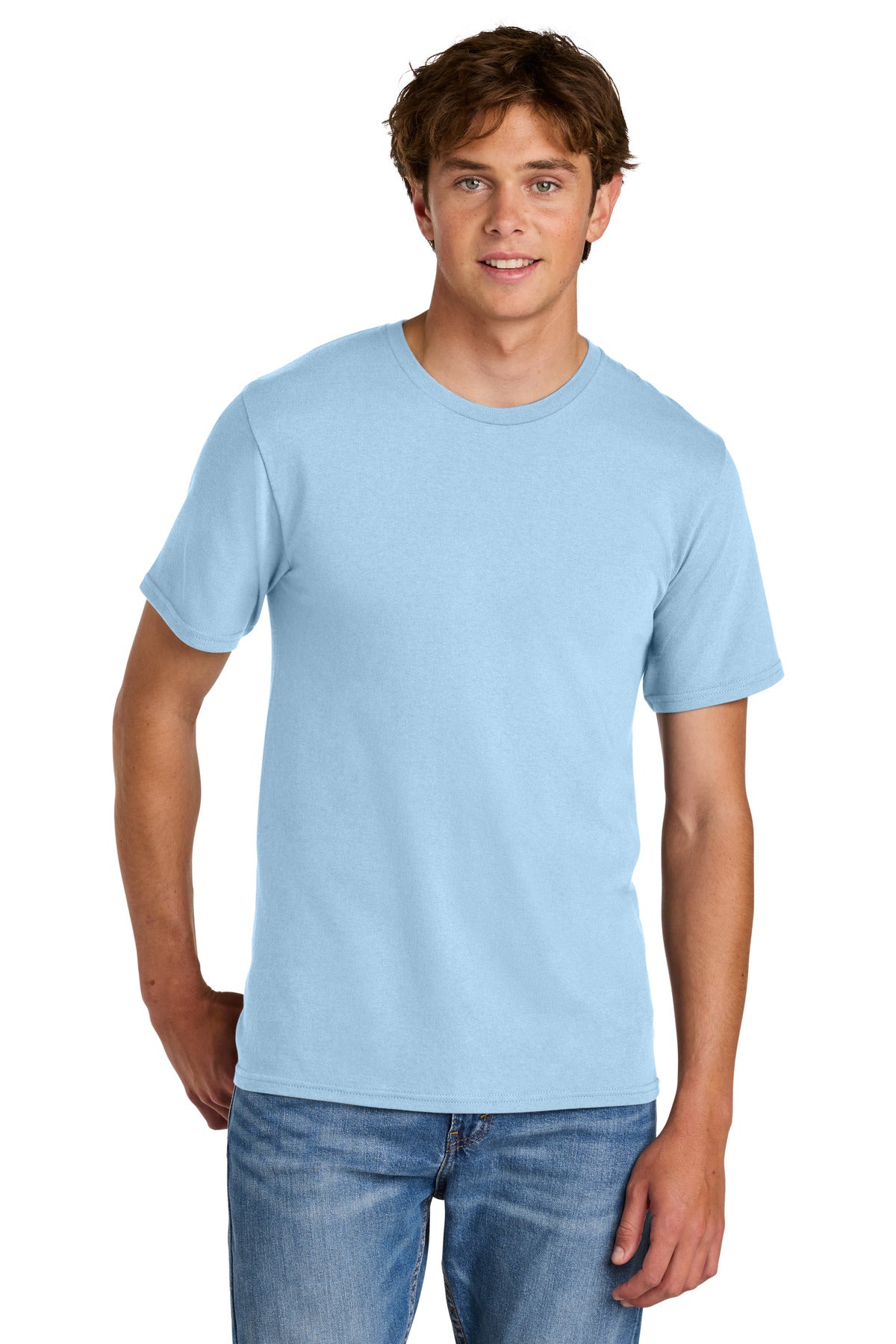 Custom Port & Company Easy Cotton Tee PC43 in Ice Blue, personalized by SanCanDo Swag in Argyle, TX