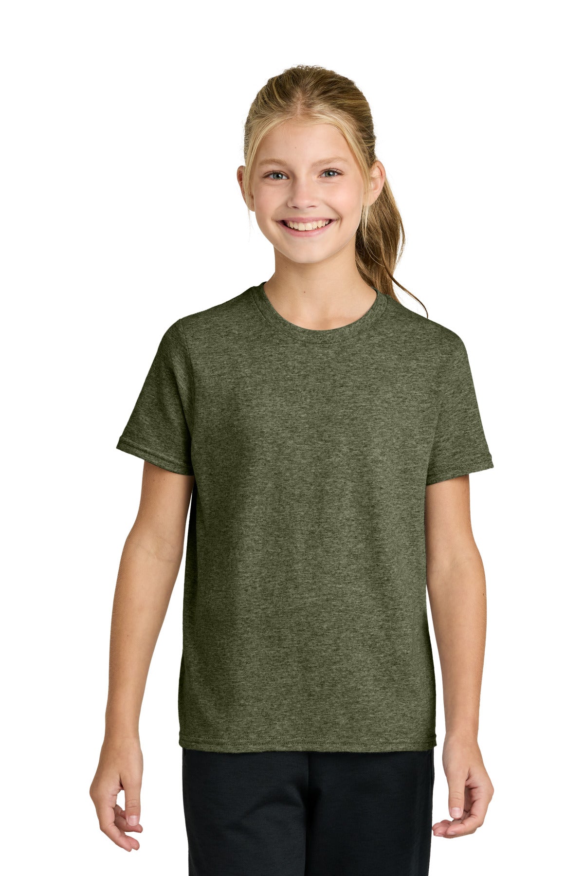 Custom Olive Drab Green Heather Youth Easy Cotton Tee PC43Y, personalized by SanCanDo Swag in Argyle, TX