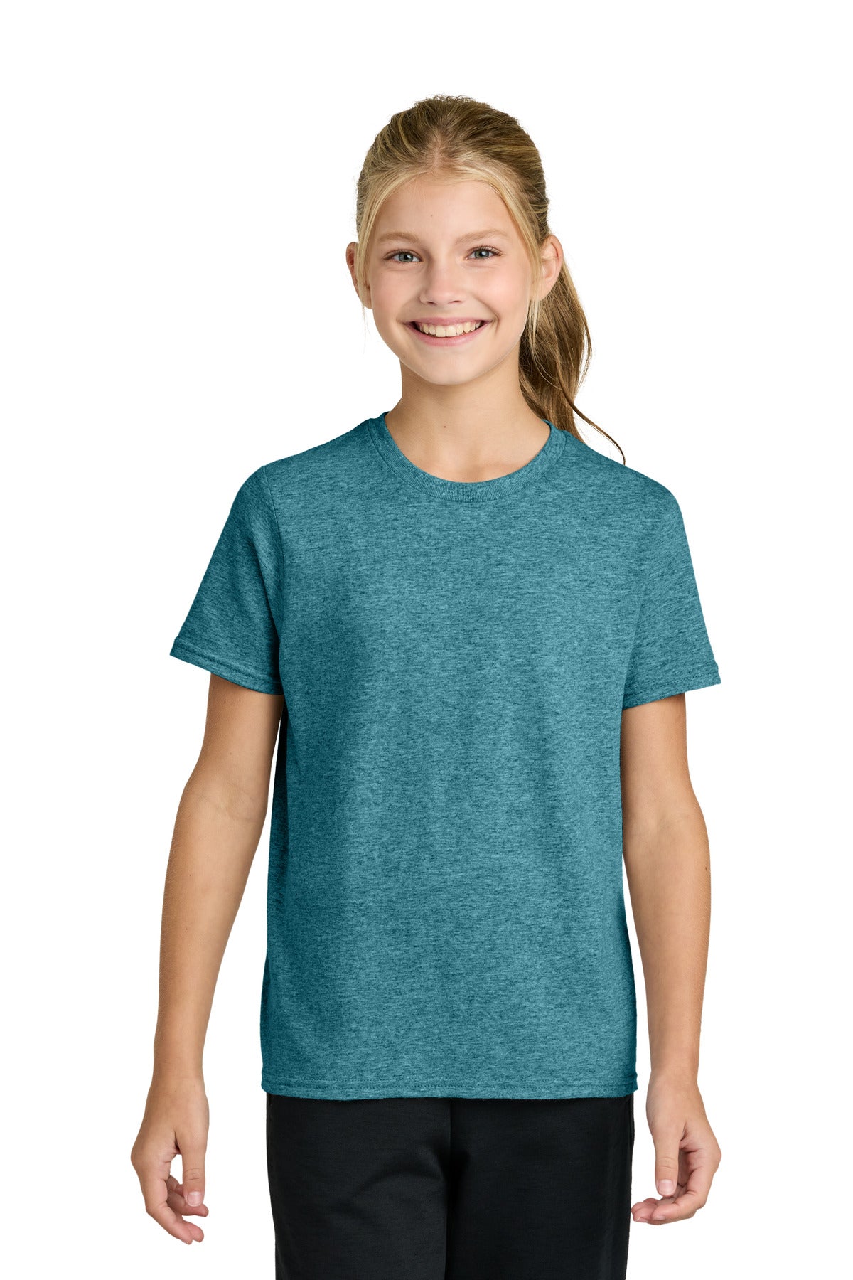 Custom Vivid Teal Heather Youth Easy Cotton Tee PC43Y, personalized by SanCanDo Swag in Argyle, TX
