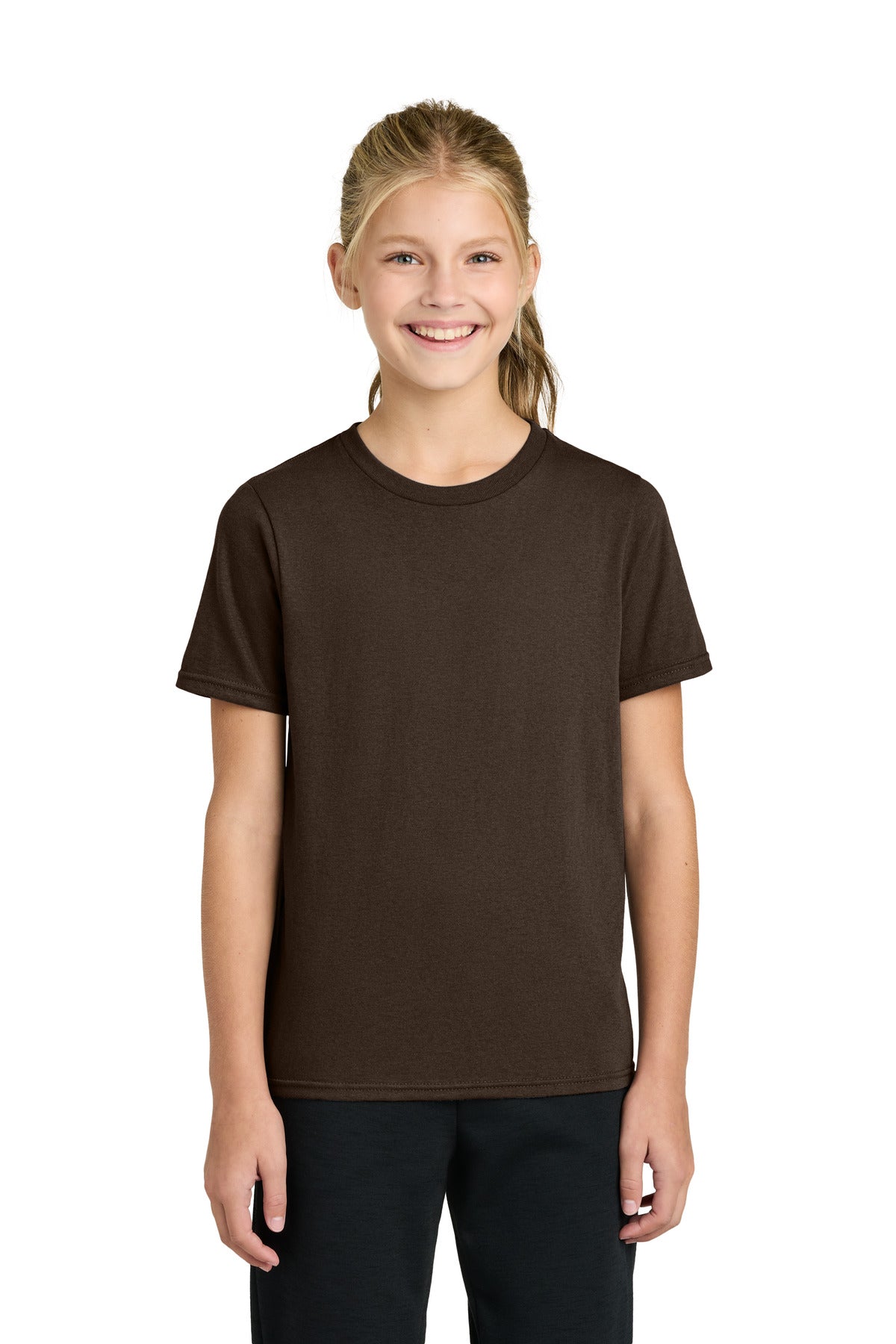 Custom Dark Chocolate Brown Youth Easy Cotton Tee PC43Y, personalized by SanCanDo Swag in Argyle, TX