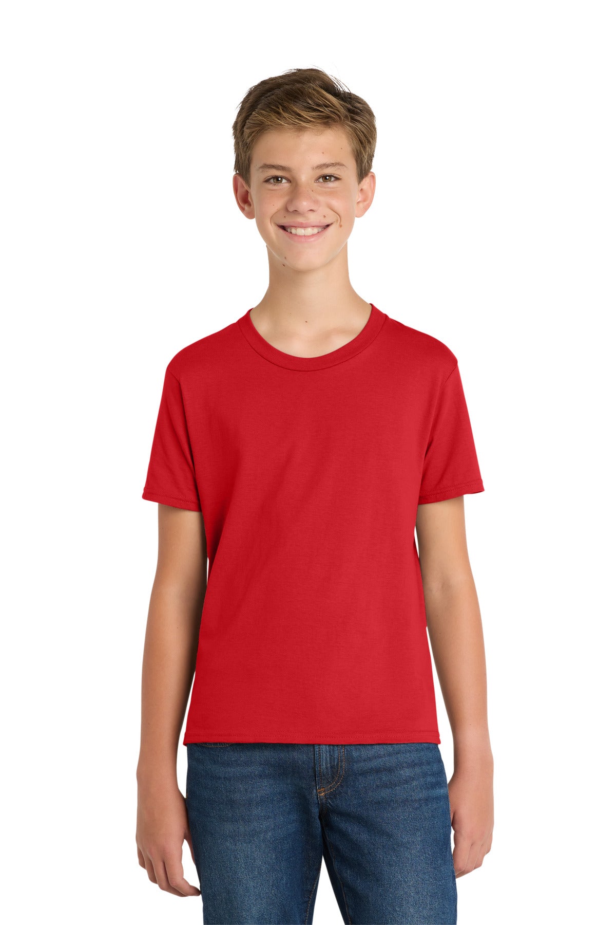 Custom Bright Red Youth Fan Favorite Tee PC450Y, personalized by SanCanDo Swag in Argyle, TX