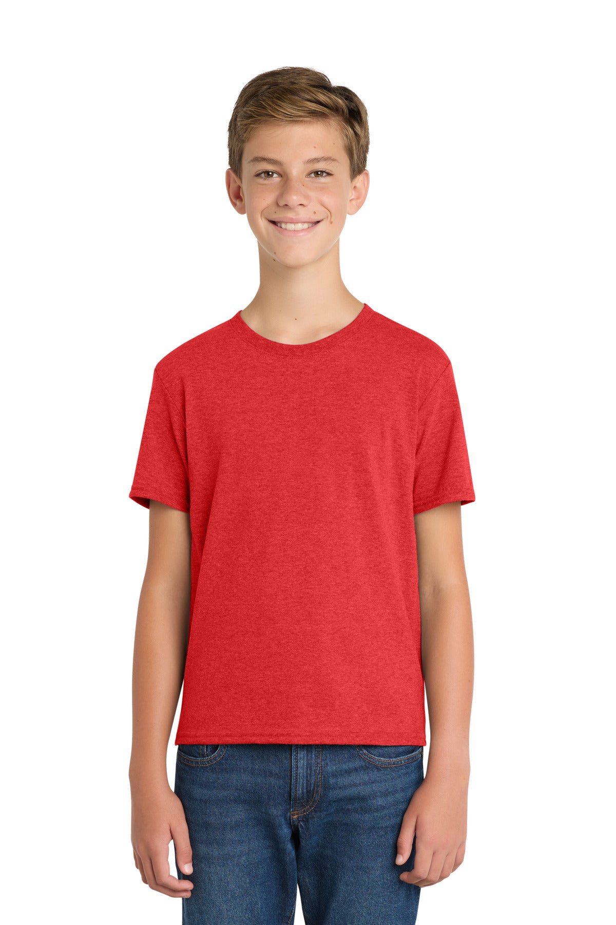 Custom Bright Red Heather Youth Fan Favorite Blend Tee PC455Y, personalized by SanCanDo Swag in Argyle, TX