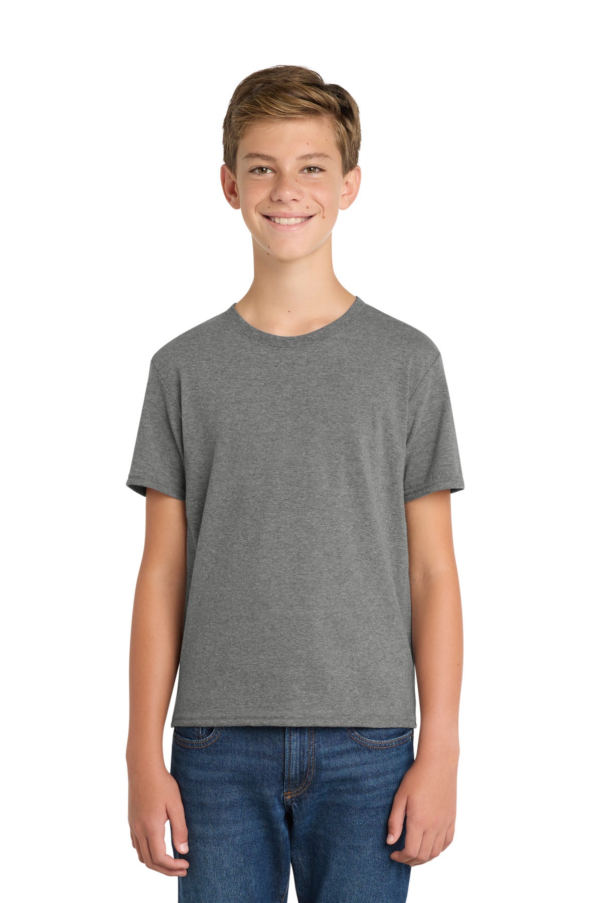 Custom Graphite Heather Youth Fan Favorite Blend Tee PC455Y, personalized by SanCanDo Swag in Argyle, TX