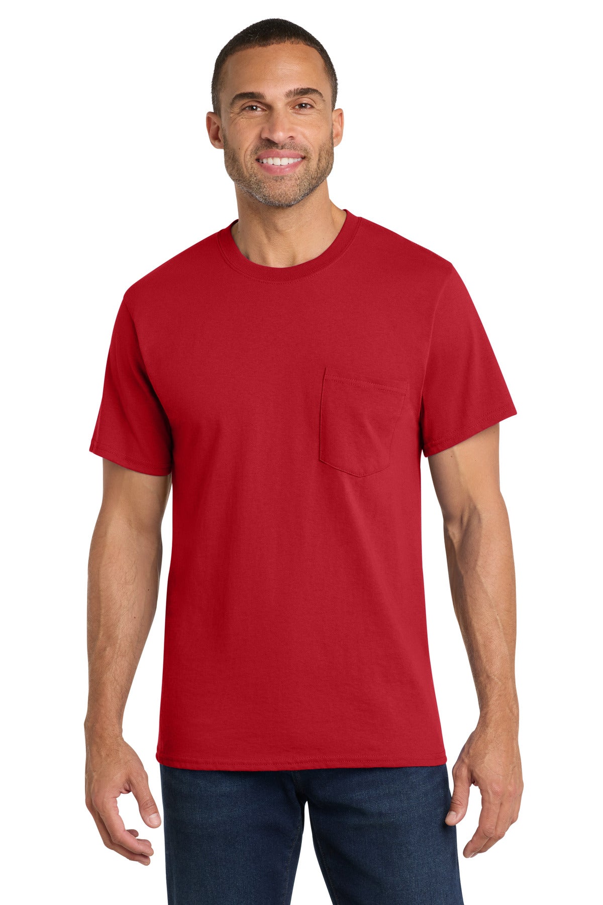Custom Port & Company Core Cotton Pocket Tee PC54P in Red, personalized by SanCanDo Swag in Argyle, TX