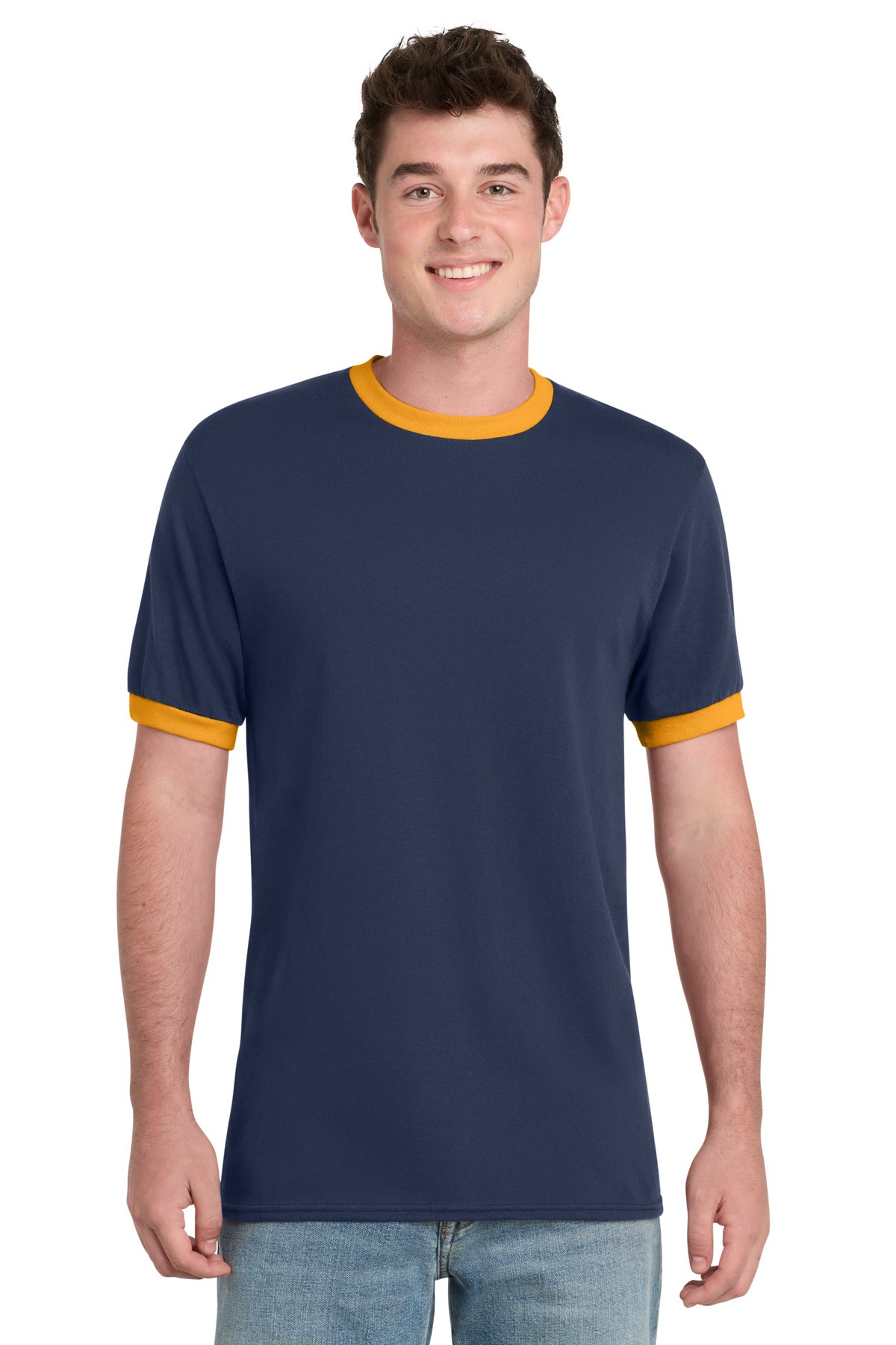 Custom Port & Company Core Cotton Ringer Tee PC54R in Navy/ Gold, personalized by SanCanDo Swag in Argyle, TX