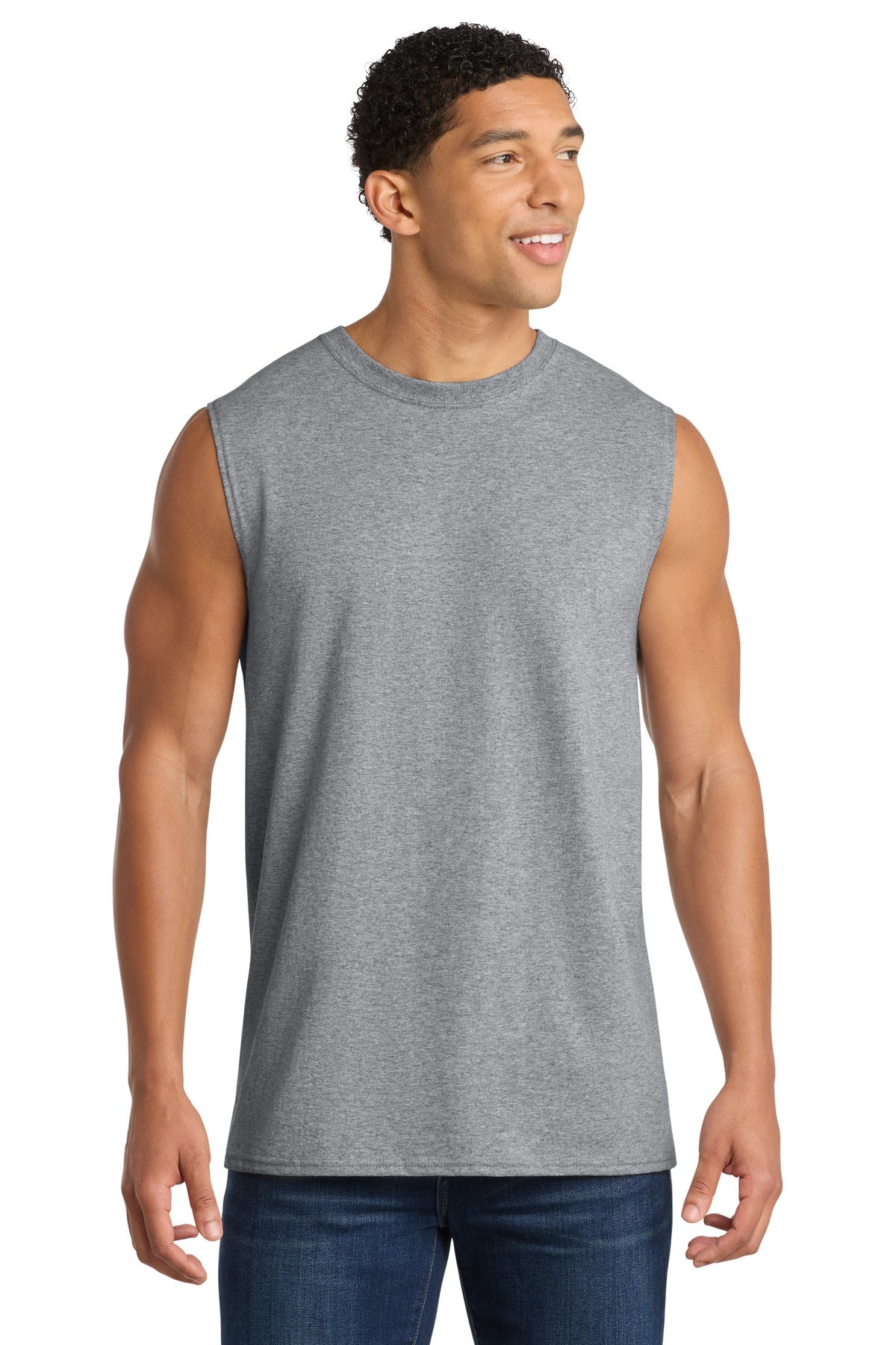 Custom Port & Company Core Cotton Sleeveless Tank PC54SL in Athletic Heather, personalized by SanCanDo Swag in Argyle, TX