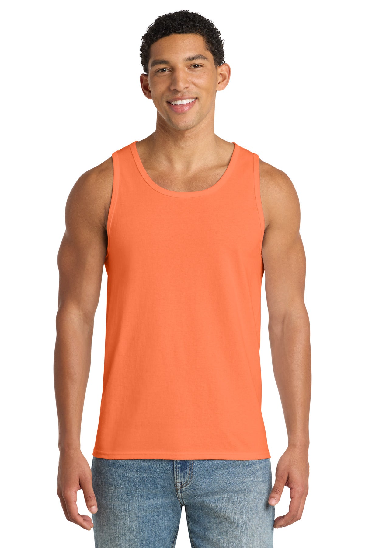 Custom Port & Company Core Cotton Tank Top PC54TT in Neon Orange, personalized by SanCanDo Swag in Argyle, TX