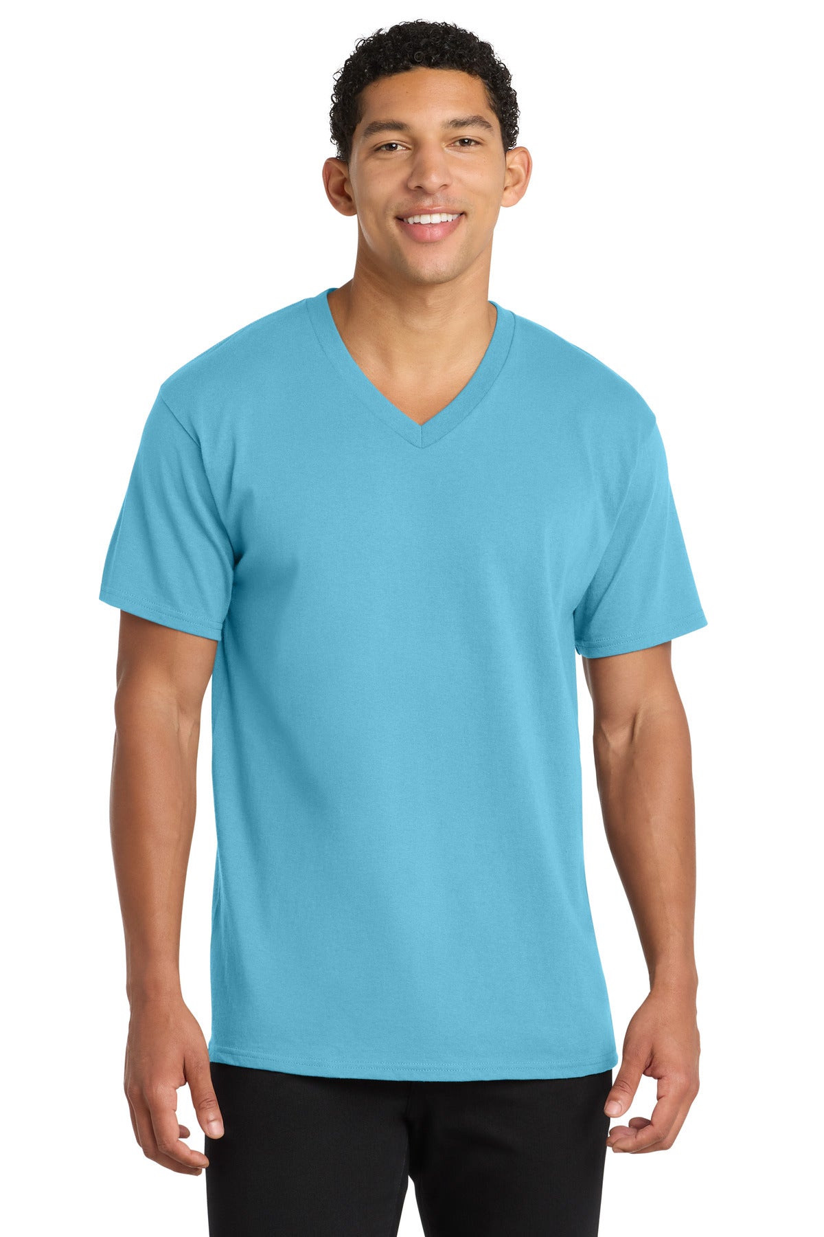 Custom Port & Company Core Cotton V-Neck Tee PC54V in Aquatic Blue, personalized by SanCanDo Swag in Argyle, TX