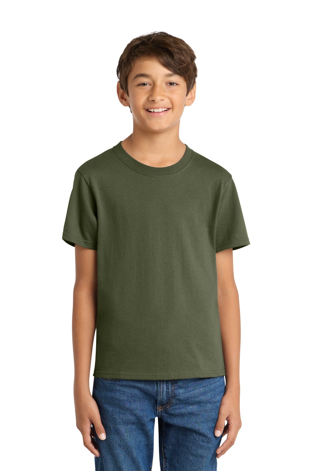 Custom Olive Drab Green Youth Core Cotton Tee PC54Y, personalized by SanCanDo Swag in Argyle, TX