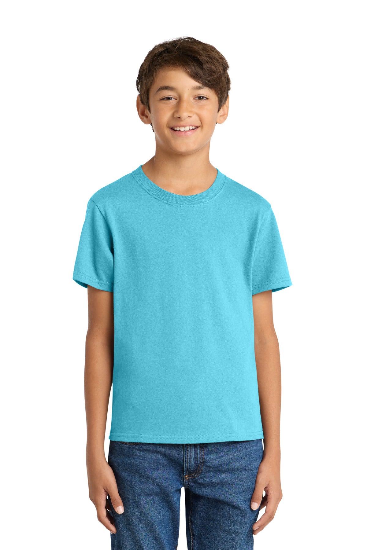 Custom Aquatic Blue Youth Core Cotton Tee PC54Y, personalized by SanCanDo Swag in Argyle, TX