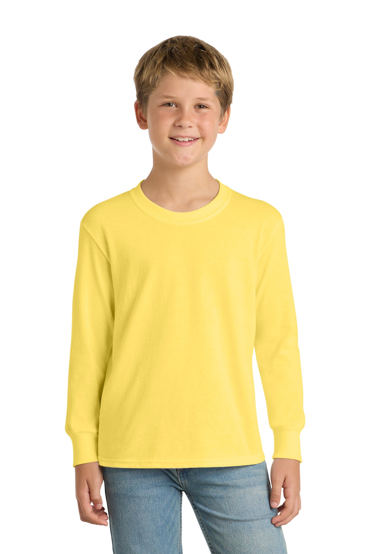 Custom Yellow Youth Long Sleeve Core Cotton Tee PC54YLS, personalized by SanCanDo Swag in Argyle, TX