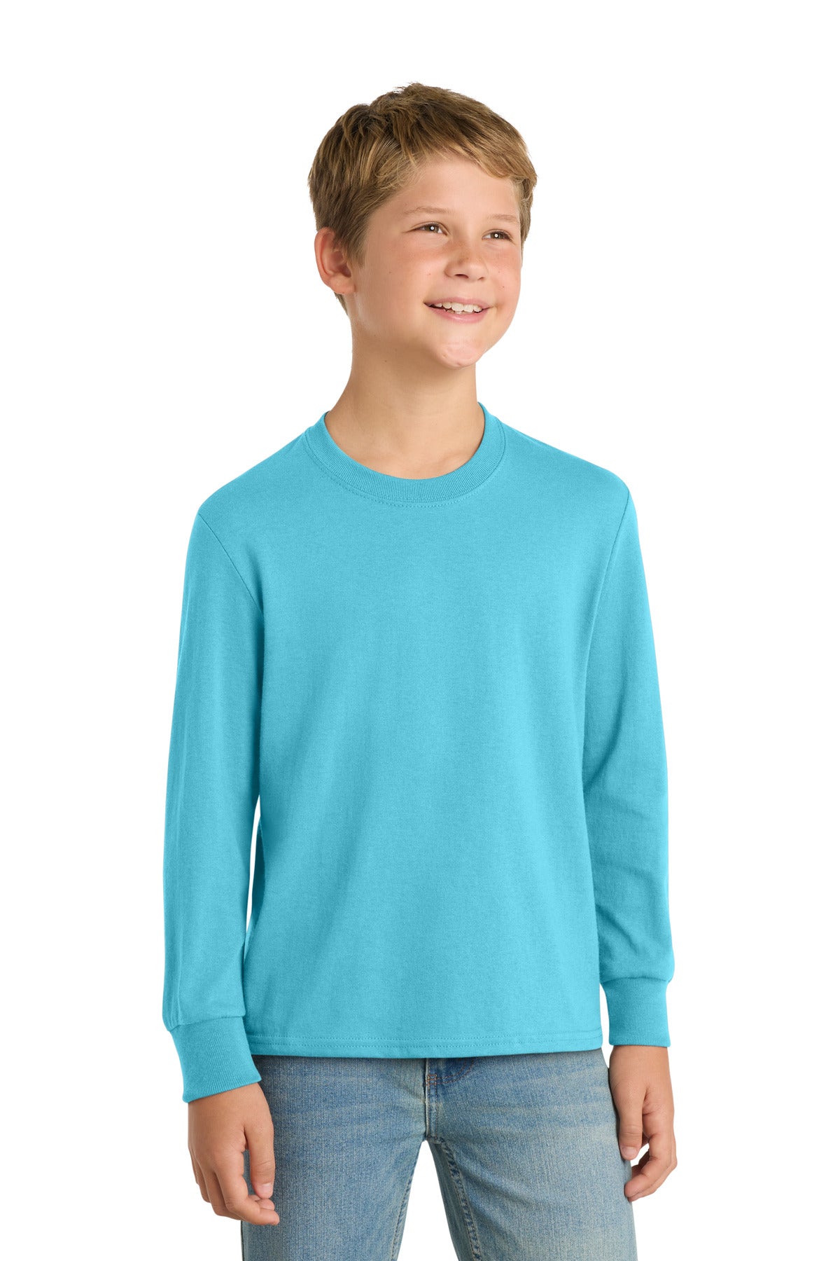 Custom Aquatic Blue Youth Long Sleeve Core Cotton Tee PC54YLS, personalized by SanCanDo Swag in Argyle, TX