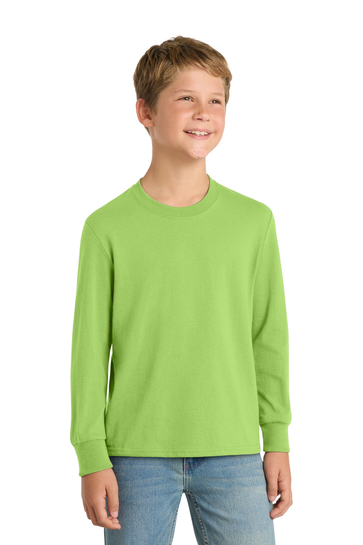 Custom Lime Youth Long Sleeve Core Cotton Tee PC54YLS, personalized by SanCanDo Swag in Argyle, TX