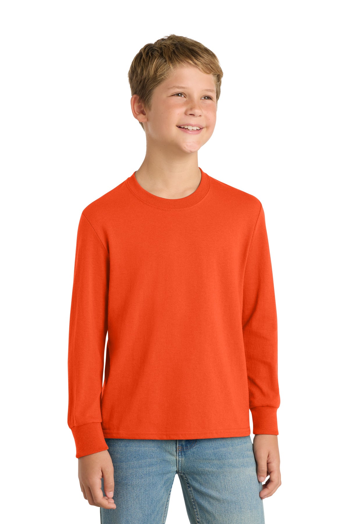 Custom Orange Youth Long Sleeve Core Cotton Tee PC54YLS, personalized by SanCanDo Swag in Argyle, TX