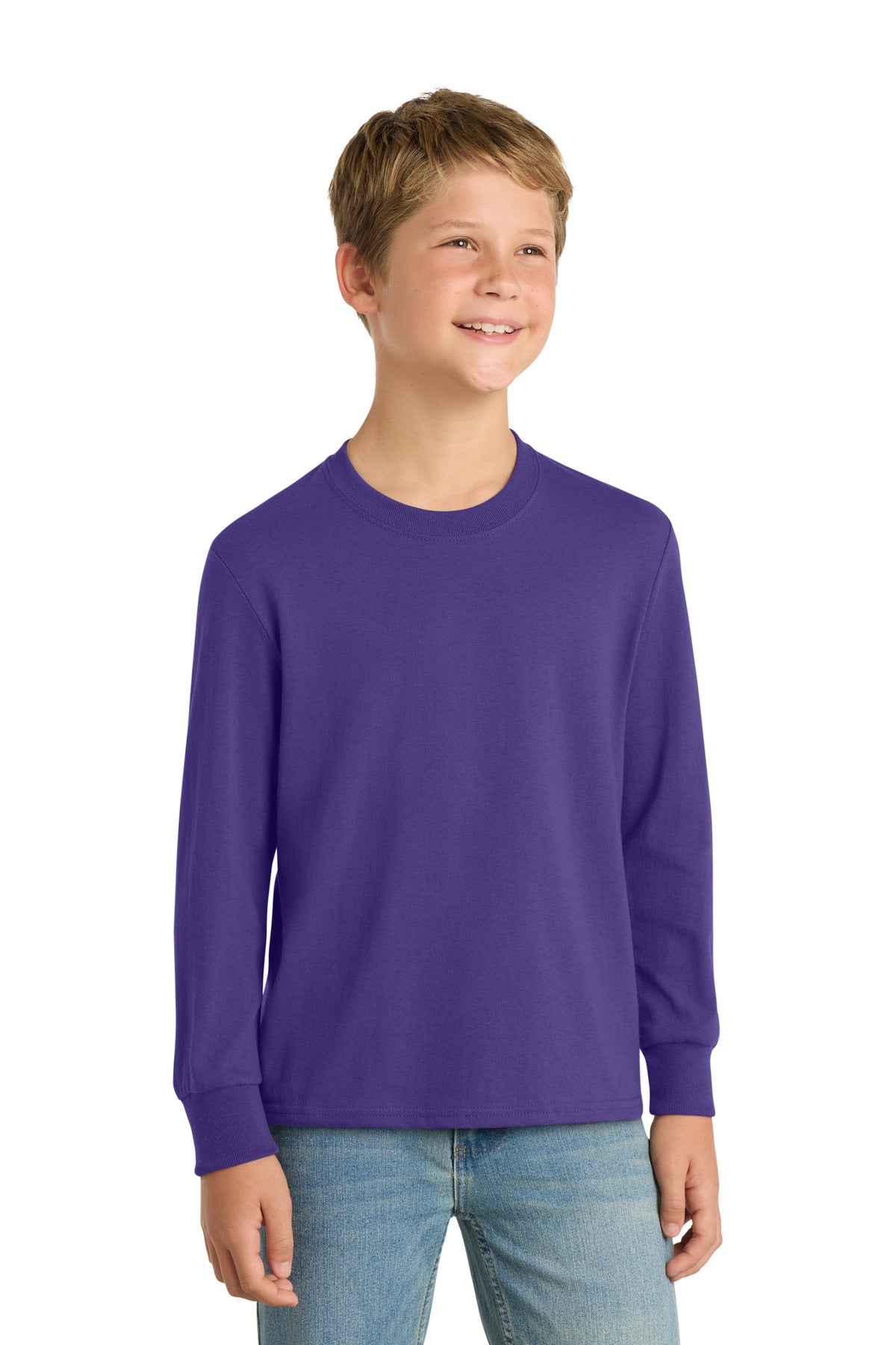 Custom Purple Youth Long Sleeve Core Cotton Tee PC54YLS, personalized by SanCanDo Swag in Argyle, TX