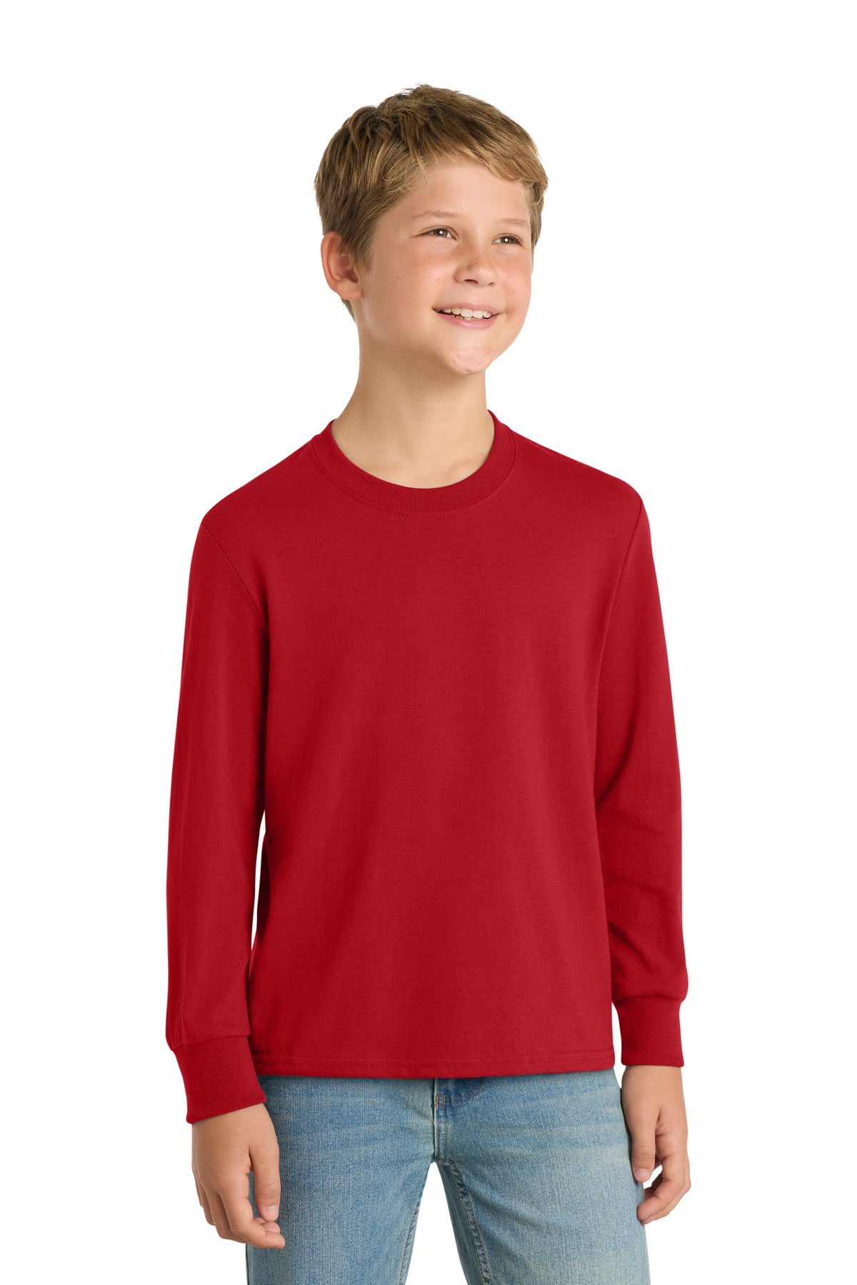 Custom Red Youth Long Sleeve Core Cotton Tee PC54YLS, personalized by SanCanDo Swag in Argyle, TX