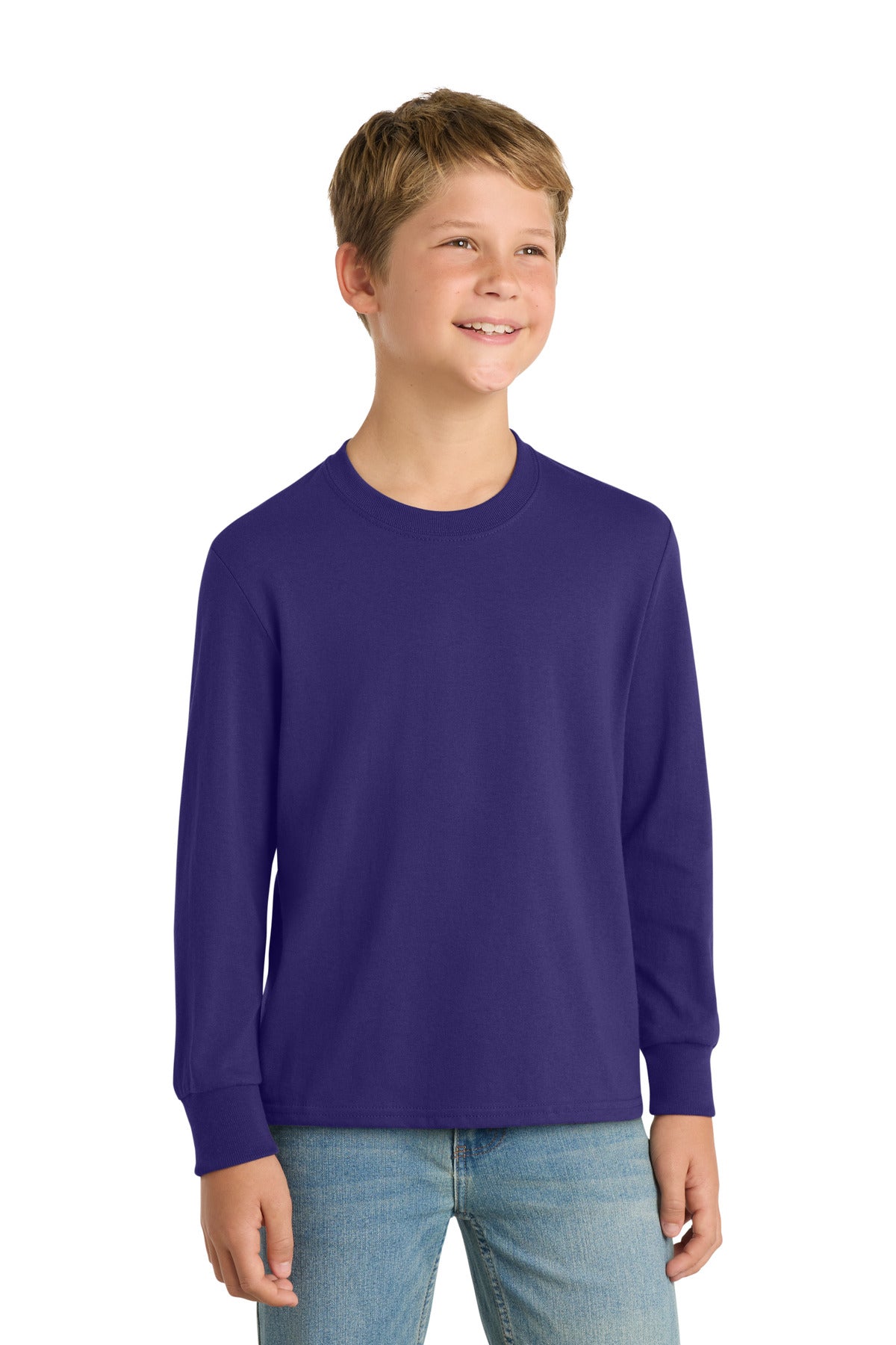 Custom Team Purple Youth Long Sleeve Core Cotton Tee PC54YLS, personalized by SanCanDo Swag in Argyle, TX