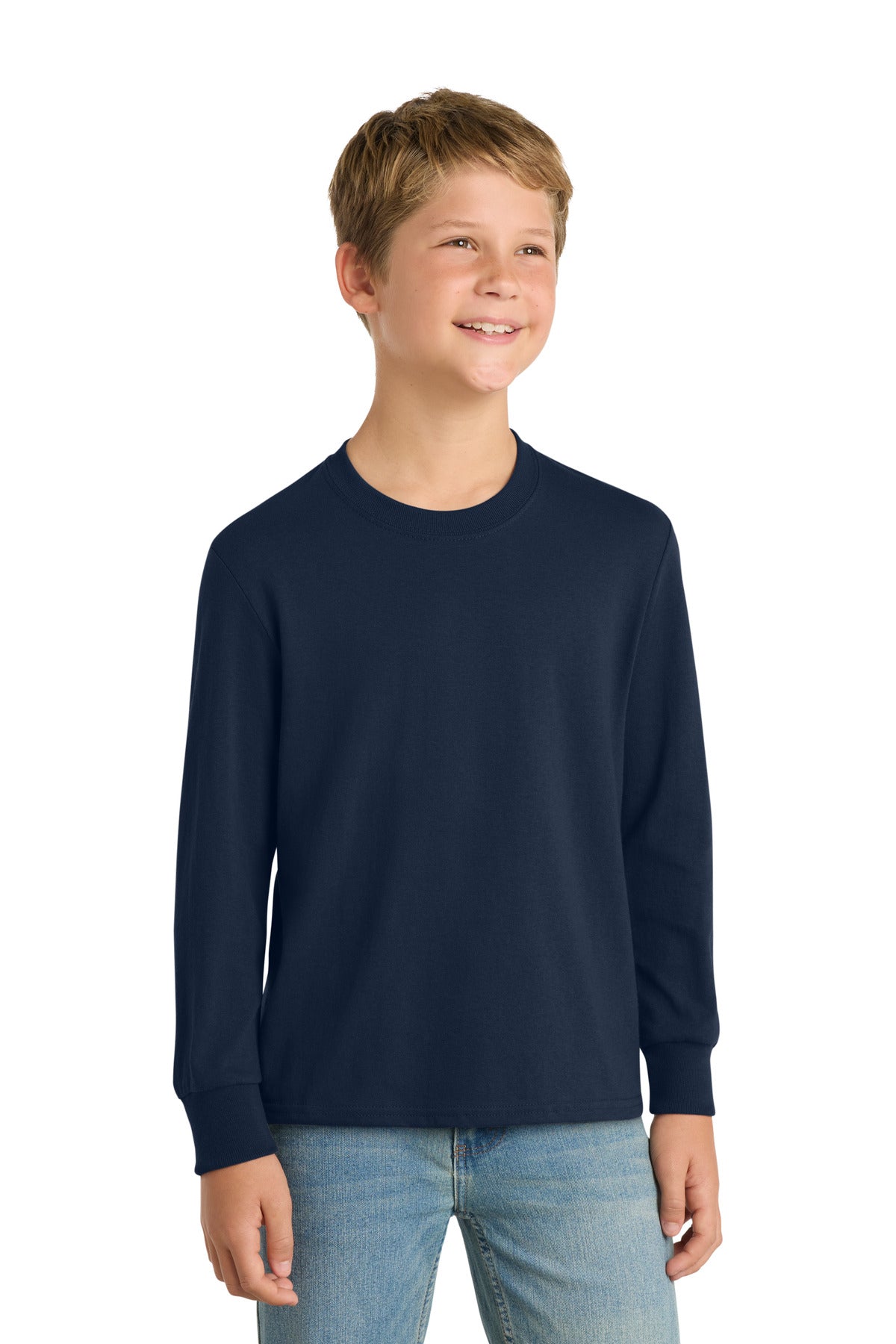 Custom True Navy Youth Long Sleeve Core Cotton Tee PC54YLS, personalized by SanCanDo Swag in Argyle, TX