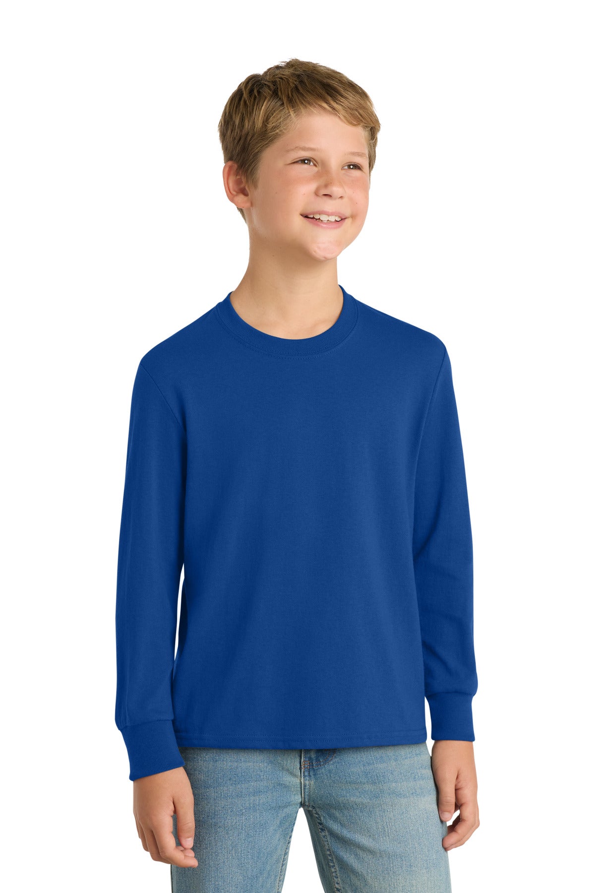 Custom True Royal Youth Long Sleeve Core Cotton Tee PC54YLS, personalized by SanCanDo Swag in Argyle, TX