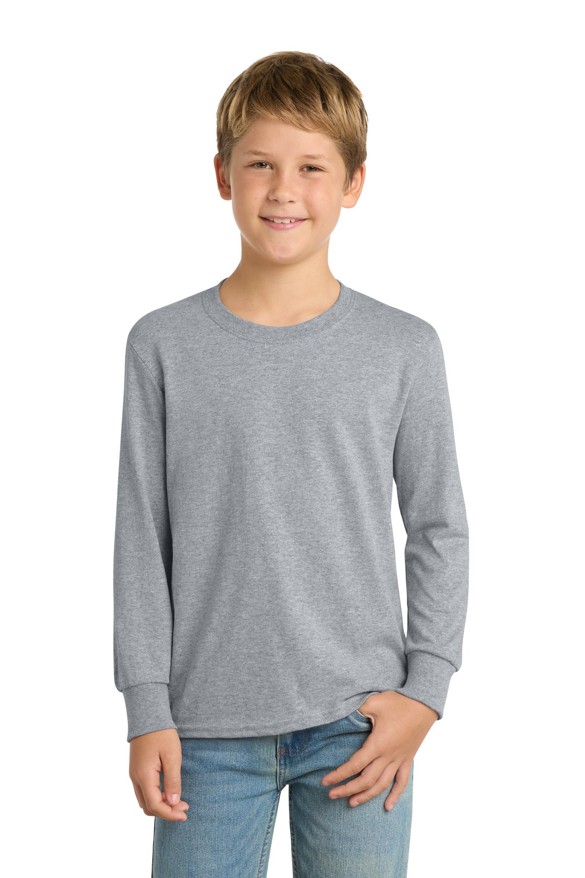 Custom Athletic Heather Youth Long Sleeve Core Cotton Tee PC54YLS, personalized by SanCanDo Swag in Argyle, TX
